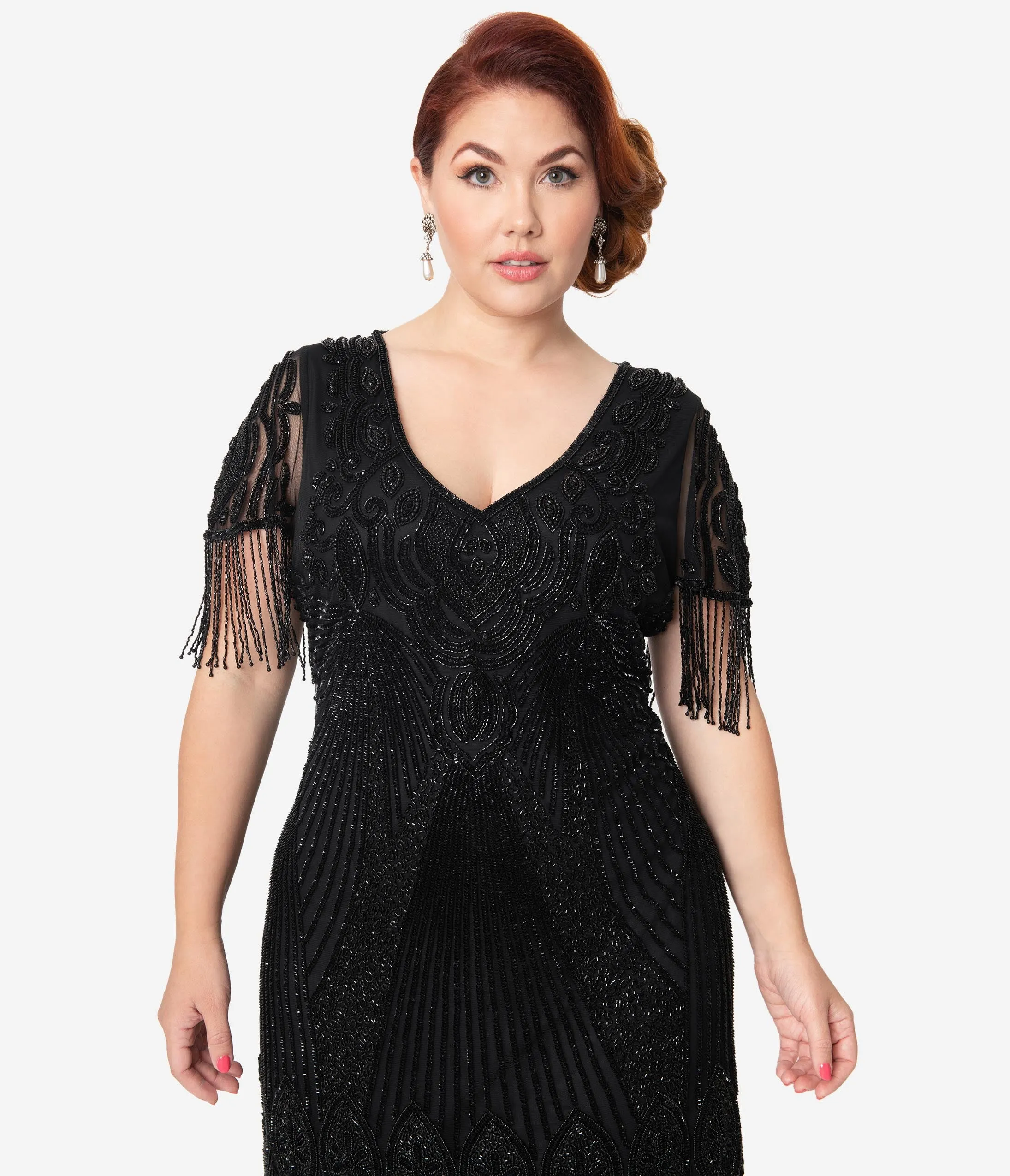 Plus Size 1920s Black Beaded Marta Flapper Dress