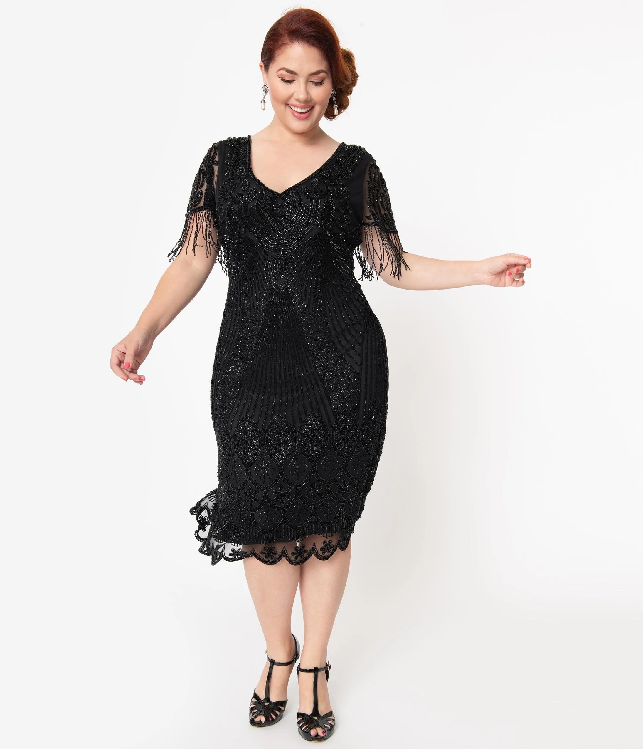 Plus Size 1920s Black Beaded Marta Flapper Dress