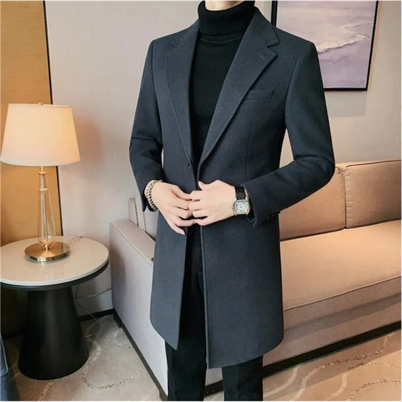 Premium Medium-Length Woolen Coat with Suit Collar - Men's Slim Fit Business Casual Overcoat