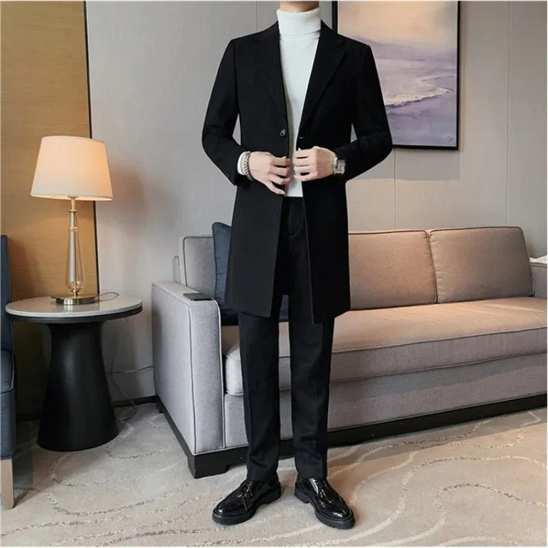 Premium Medium-Length Woolen Coat with Suit Collar - Men's Slim Fit Business Casual Overcoat