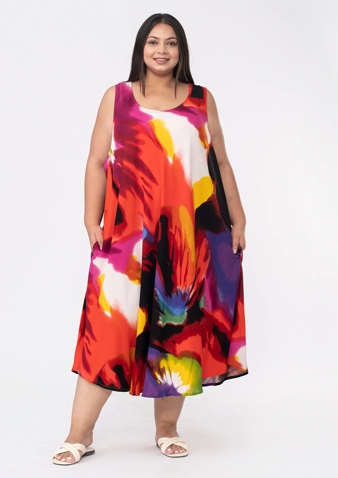 Printed Umbrella Midi Dress With Pockets