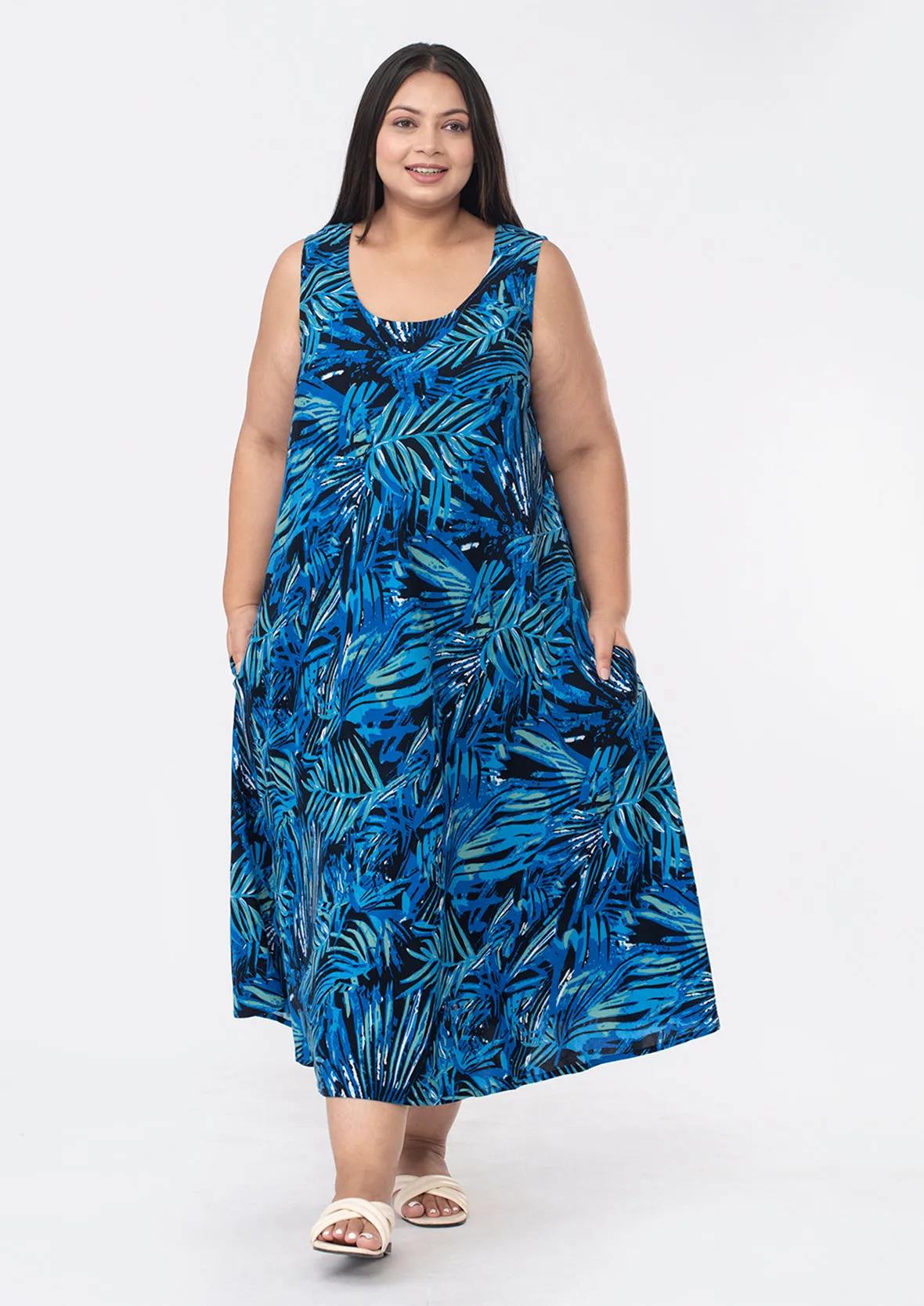 Printed Umbrella Midi Dress With Pockets