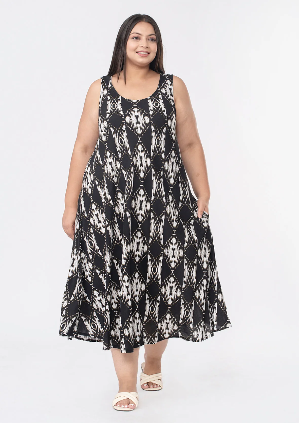 Printed Umbrella Midi Dress With Pockets