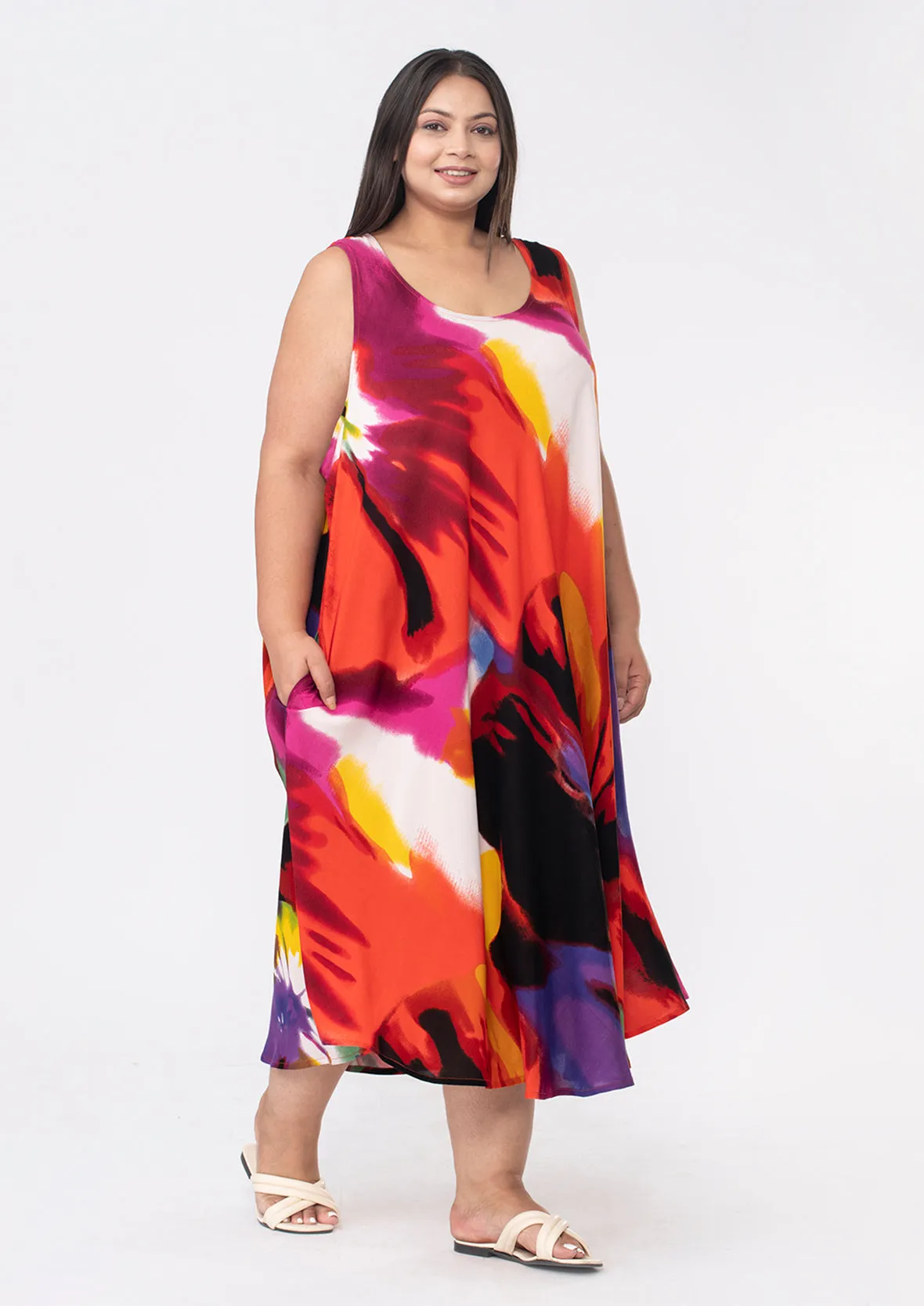 Printed Umbrella Midi Dress With Pockets