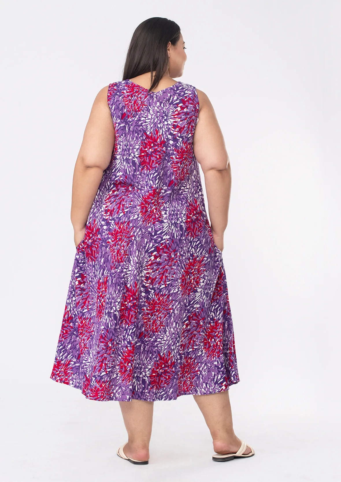 Printed Umbrella Midi Dress With Pockets