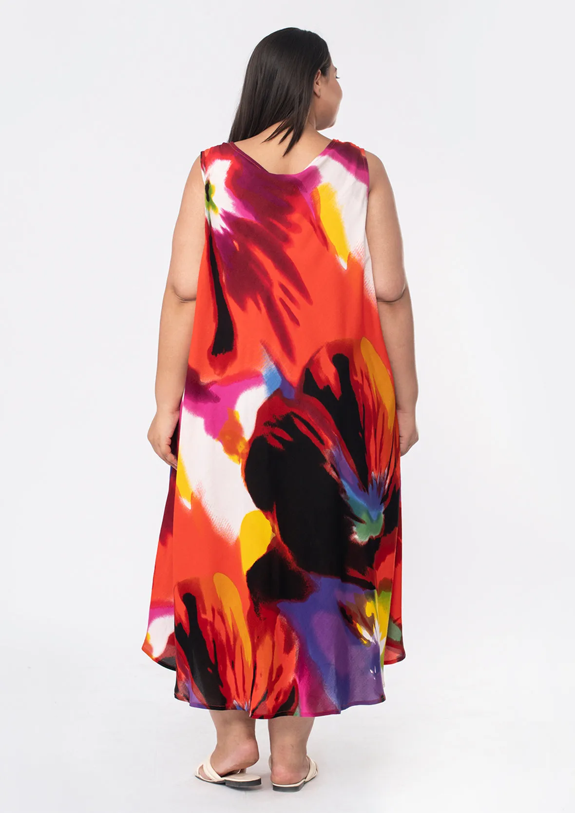 Printed Umbrella Midi Dress With Pockets