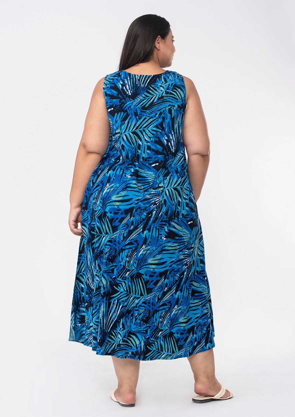 Printed Umbrella Midi Dress With Pockets