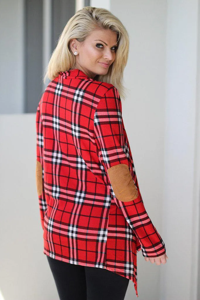 Red Plaid Cardigan With Elbow Patches