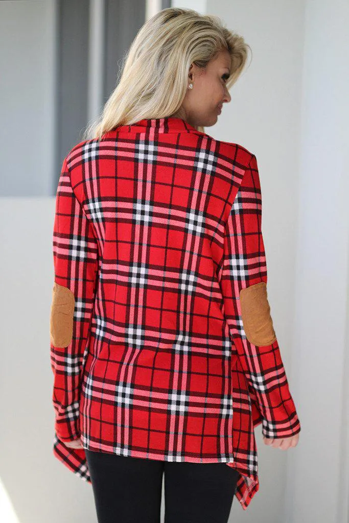 Red Plaid Cardigan With Elbow Patches