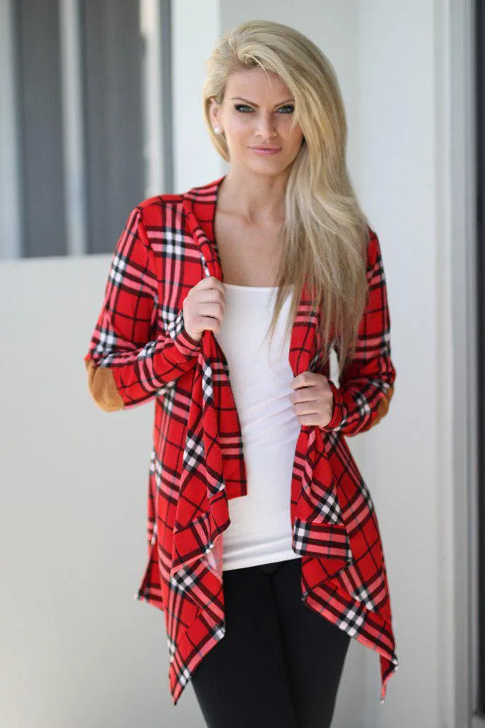 Red Plaid Cardigan With Elbow Patches