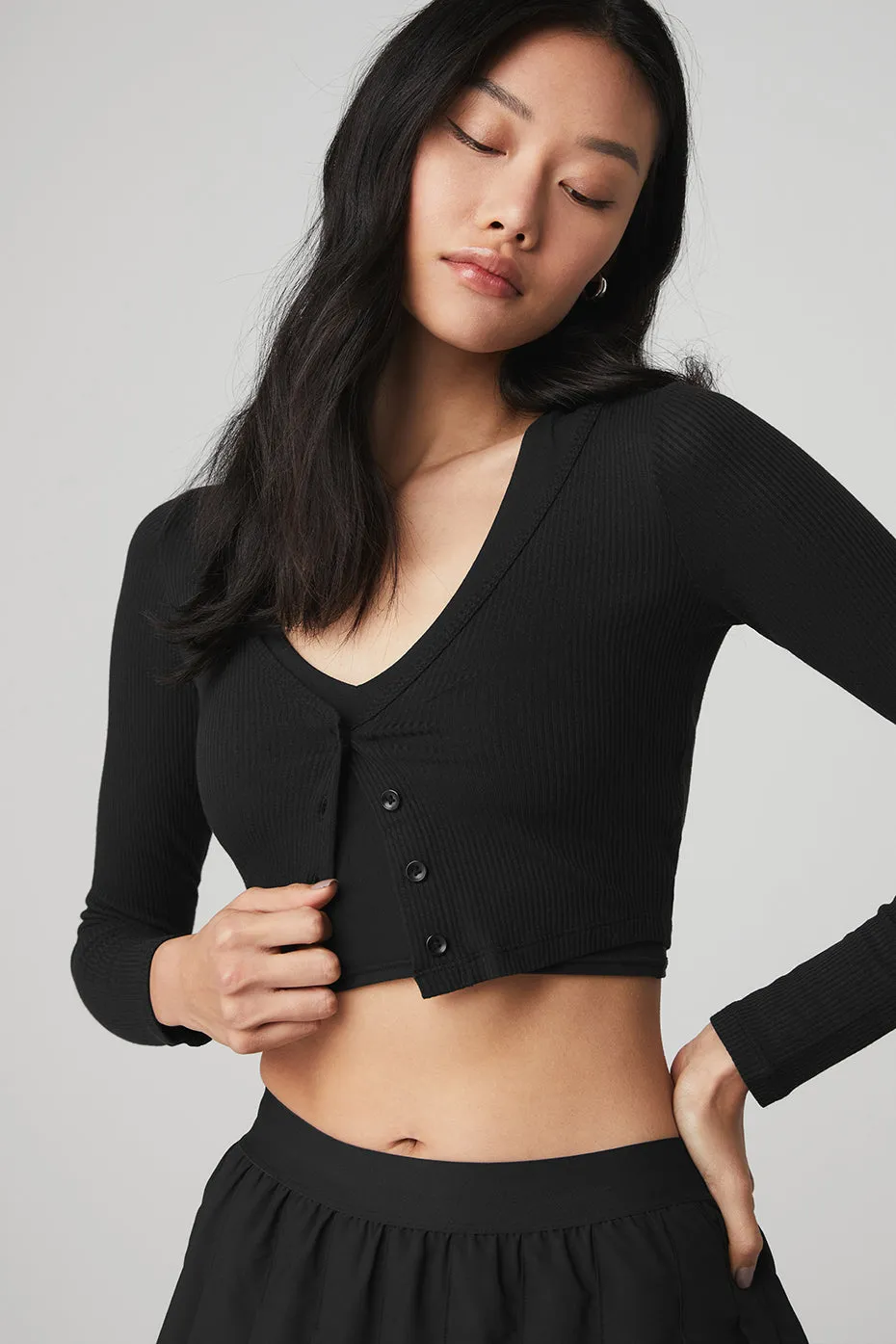 Ribbed Cropped Whisper Cardigan - Black