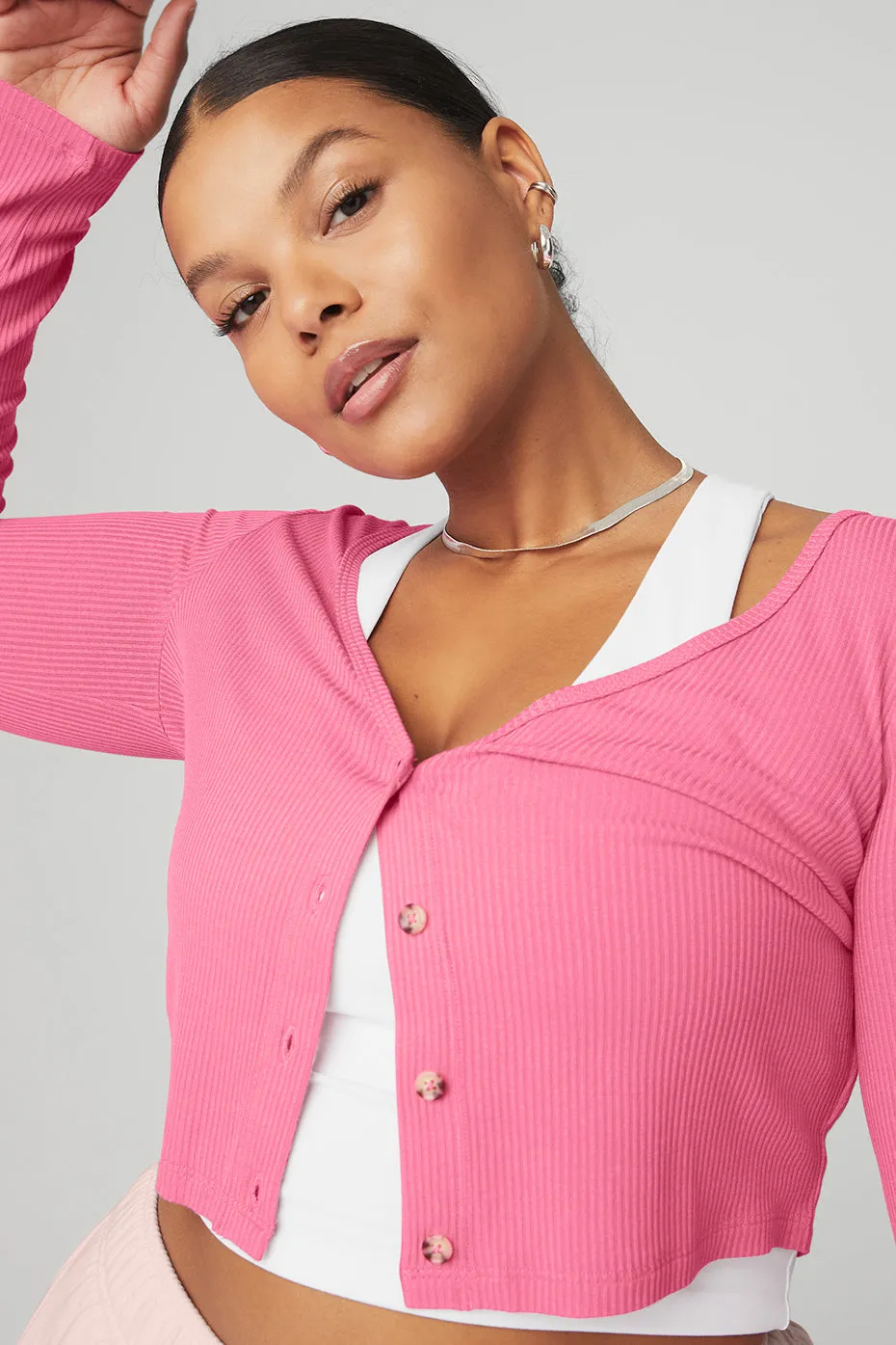 Ribbed Cropped Whisper Cardigan - Pink Fuchsia