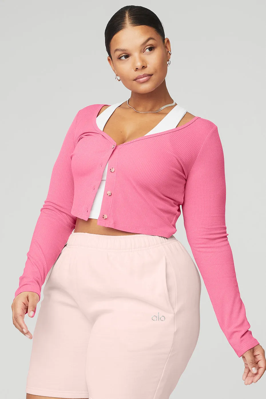 Ribbed Cropped Whisper Cardigan - Pink Fuchsia