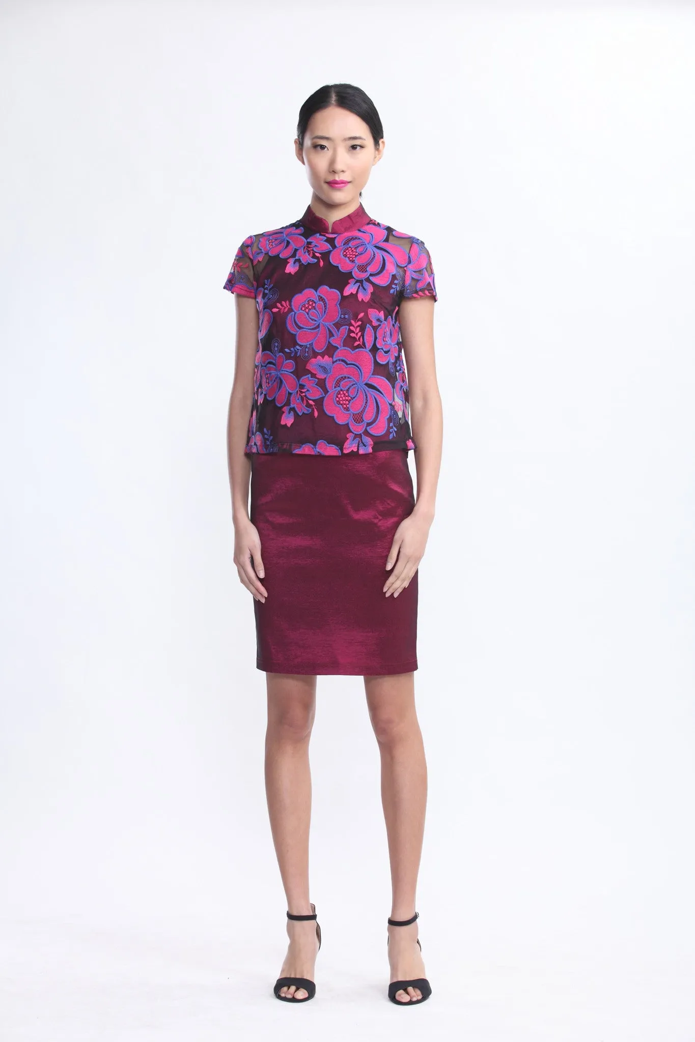 Rose Wine Qipao with Pink Rose Embroidered Sheer Top