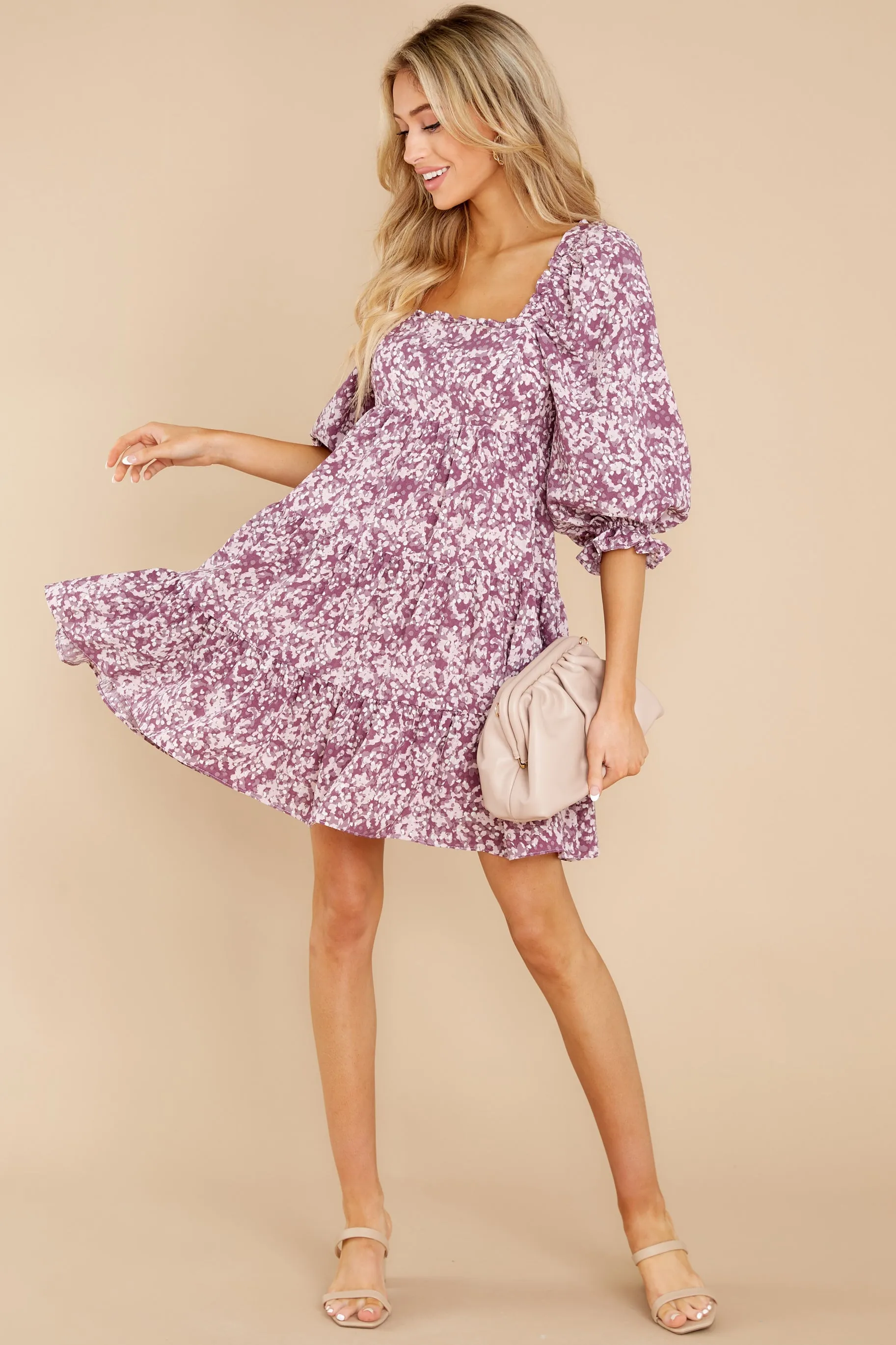 Rosy Outlook Dusty Purple Floral Print Dress