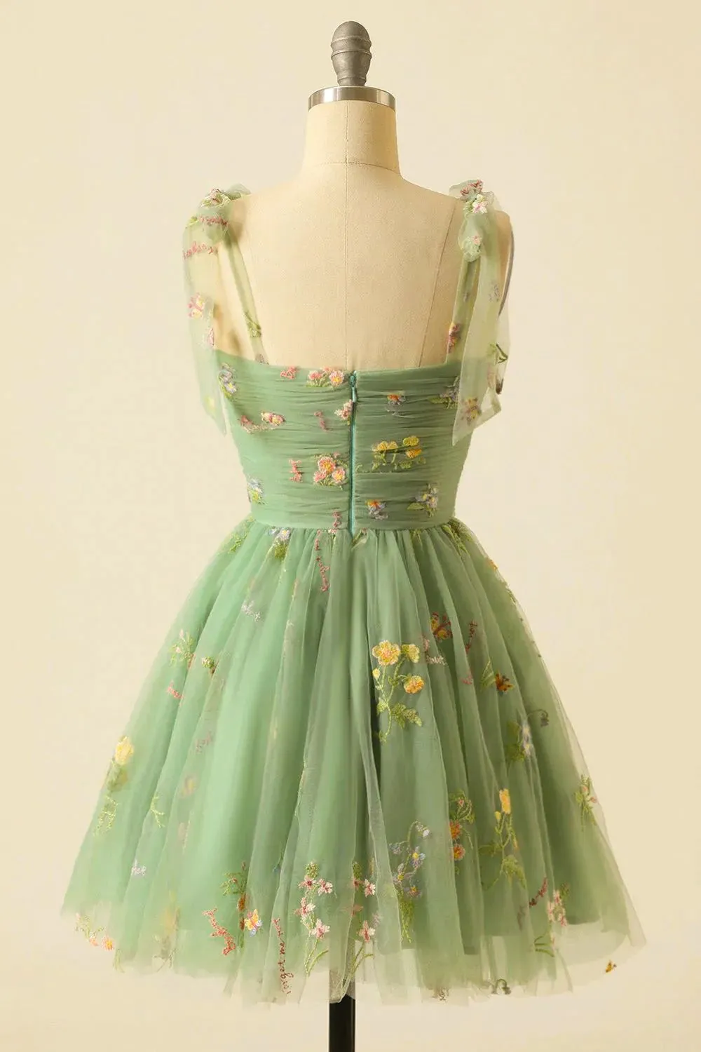 Sage Green Floral Embroidery Short Homecoming Dress