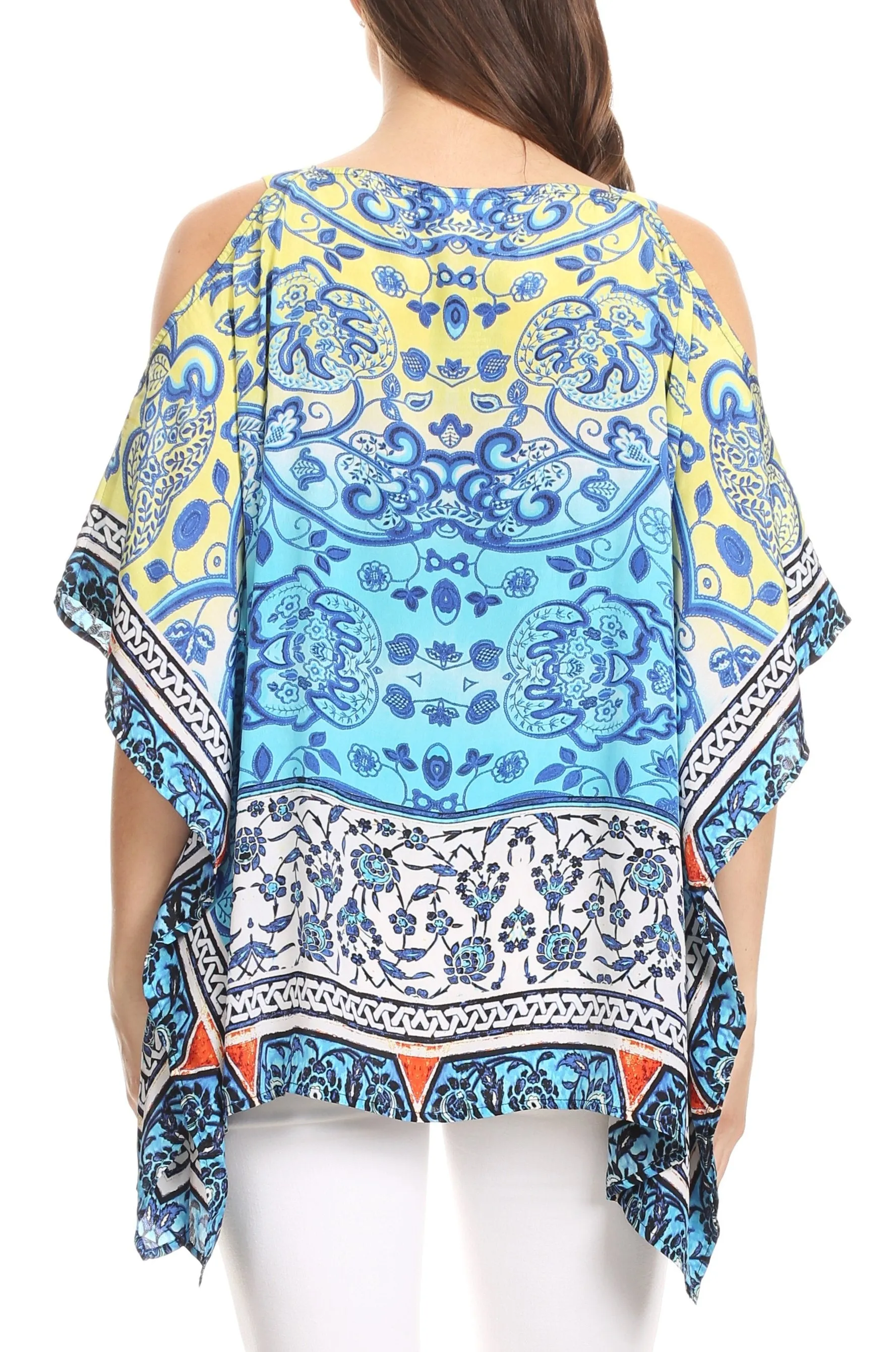 Sakkas Saanvi Printed Draped Short Sleeve Strap Cutout Shoulder V-Neck Kaftan Top