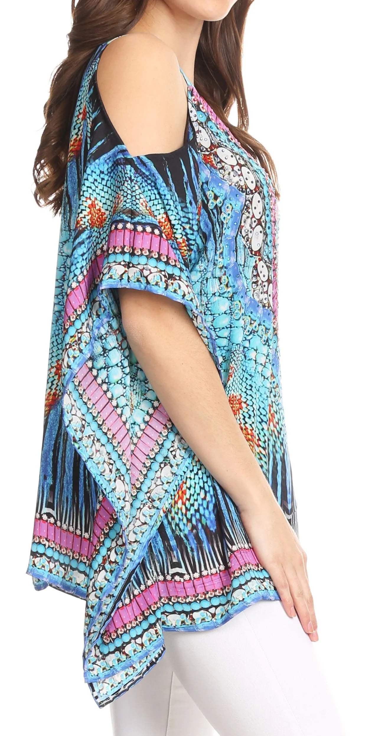 Sakkas Saanvi Printed Draped Short Sleeve Strap Cutout Shoulder V-Neck Kaftan Top