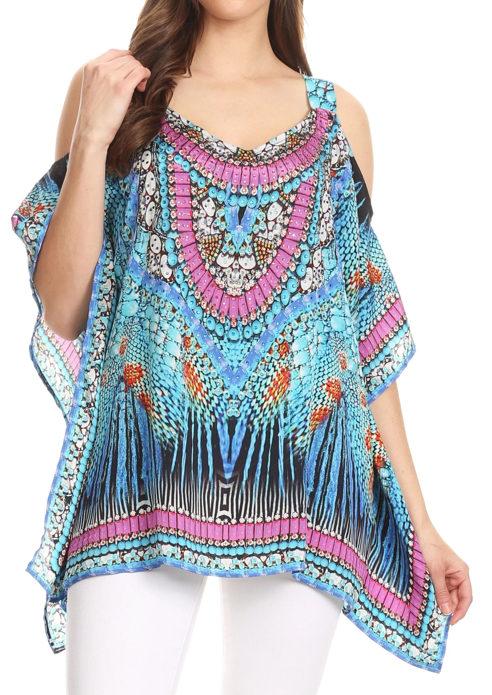 Sakkas Saanvi Printed Draped Short Sleeve Strap Cutout Shoulder V-Neck Kaftan Top