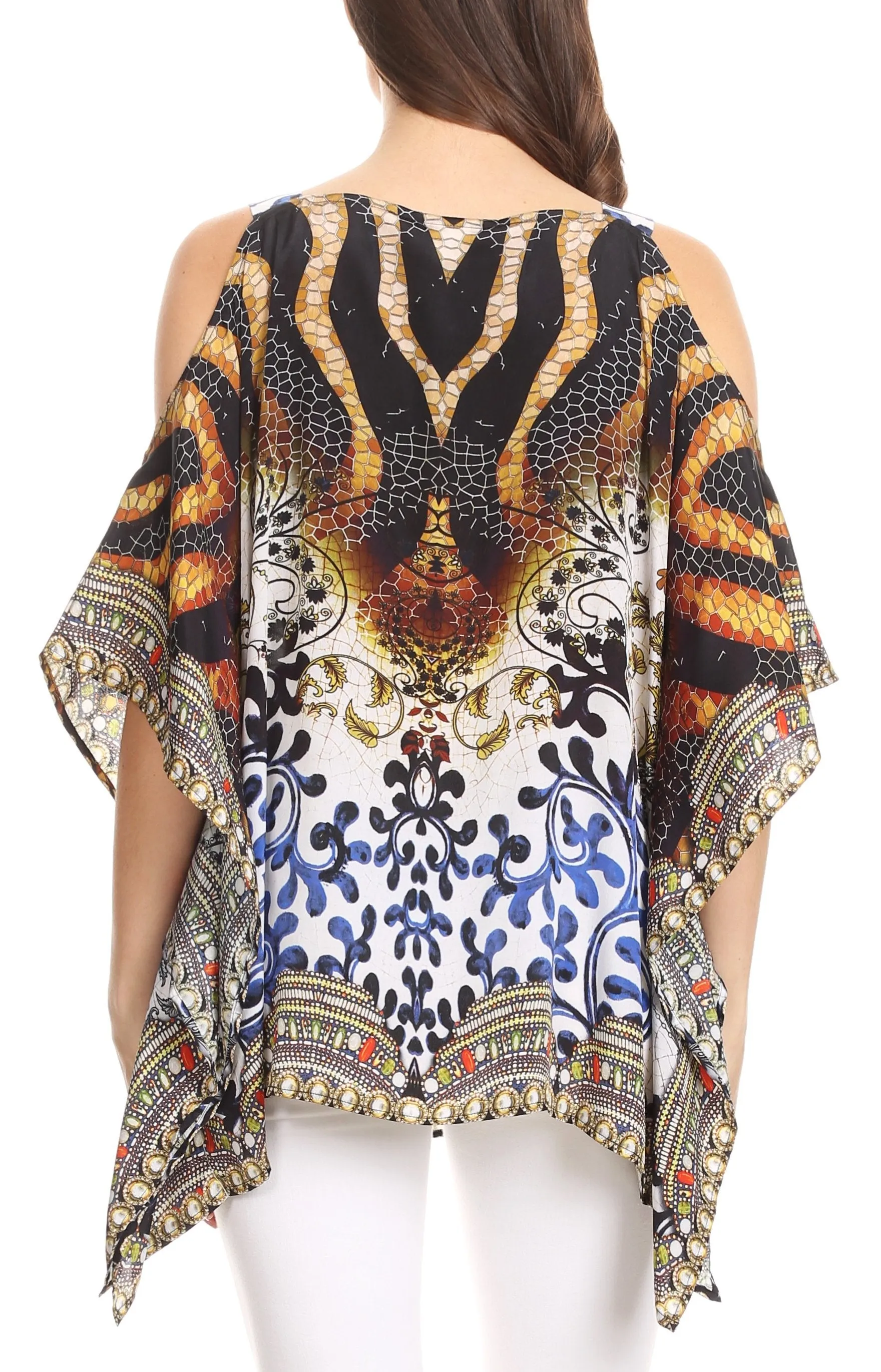 Sakkas Saanvi Printed Draped Short Sleeve Strap Cutout Shoulder V-Neck Kaftan Top