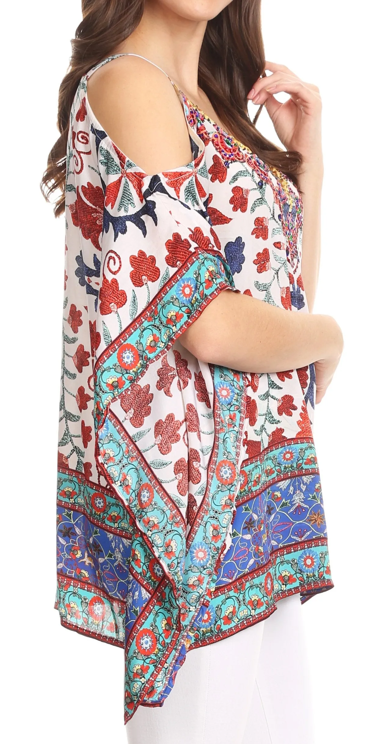 Sakkas Saanvi Printed Draped Short Sleeve Strap Cutout Shoulder V-Neck Kaftan Top