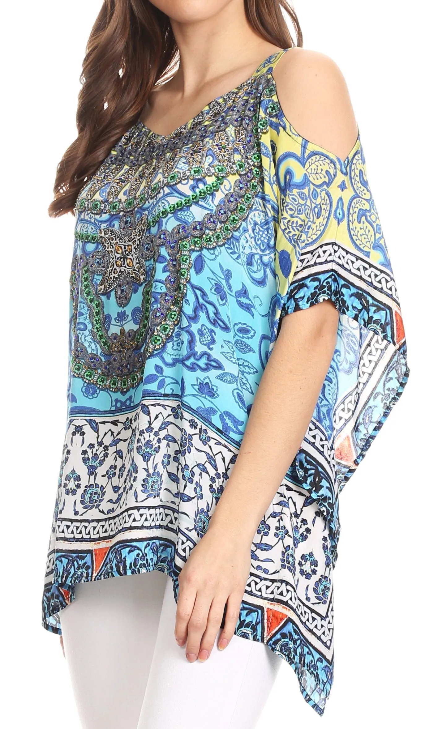 Sakkas Saanvi Printed Draped Short Sleeve Strap Cutout Shoulder V-Neck Kaftan Top