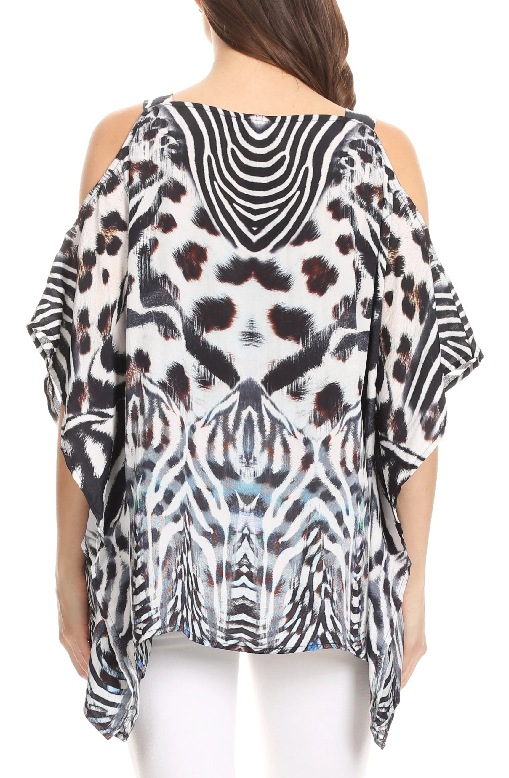 Sakkas Saanvi Printed Draped Short Sleeve Strap Cutout Shoulder V-Neck Kaftan Top