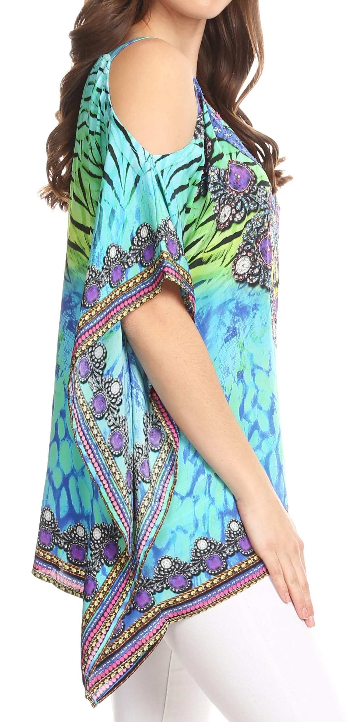 Sakkas Saanvi Printed Draped Short Sleeve Strap Cutout Shoulder V-Neck Kaftan Top