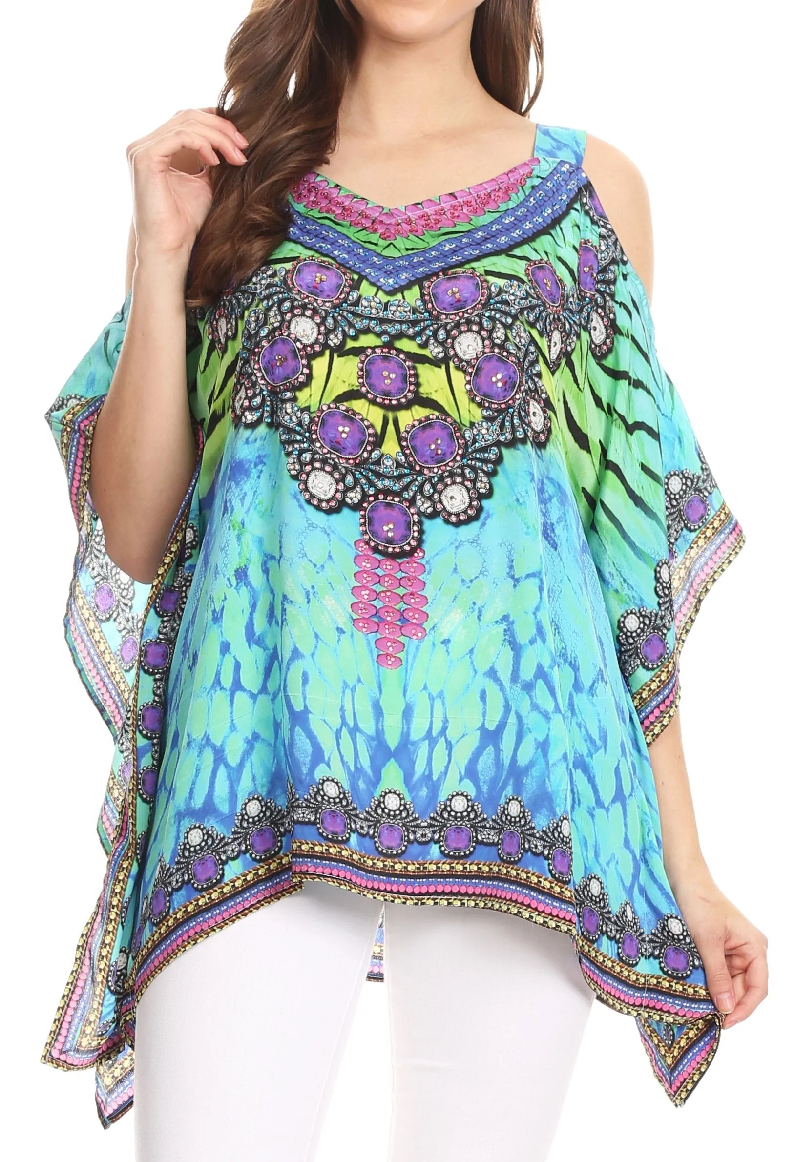 Sakkas Saanvi Printed Draped Short Sleeve Strap Cutout Shoulder V-Neck Kaftan Top