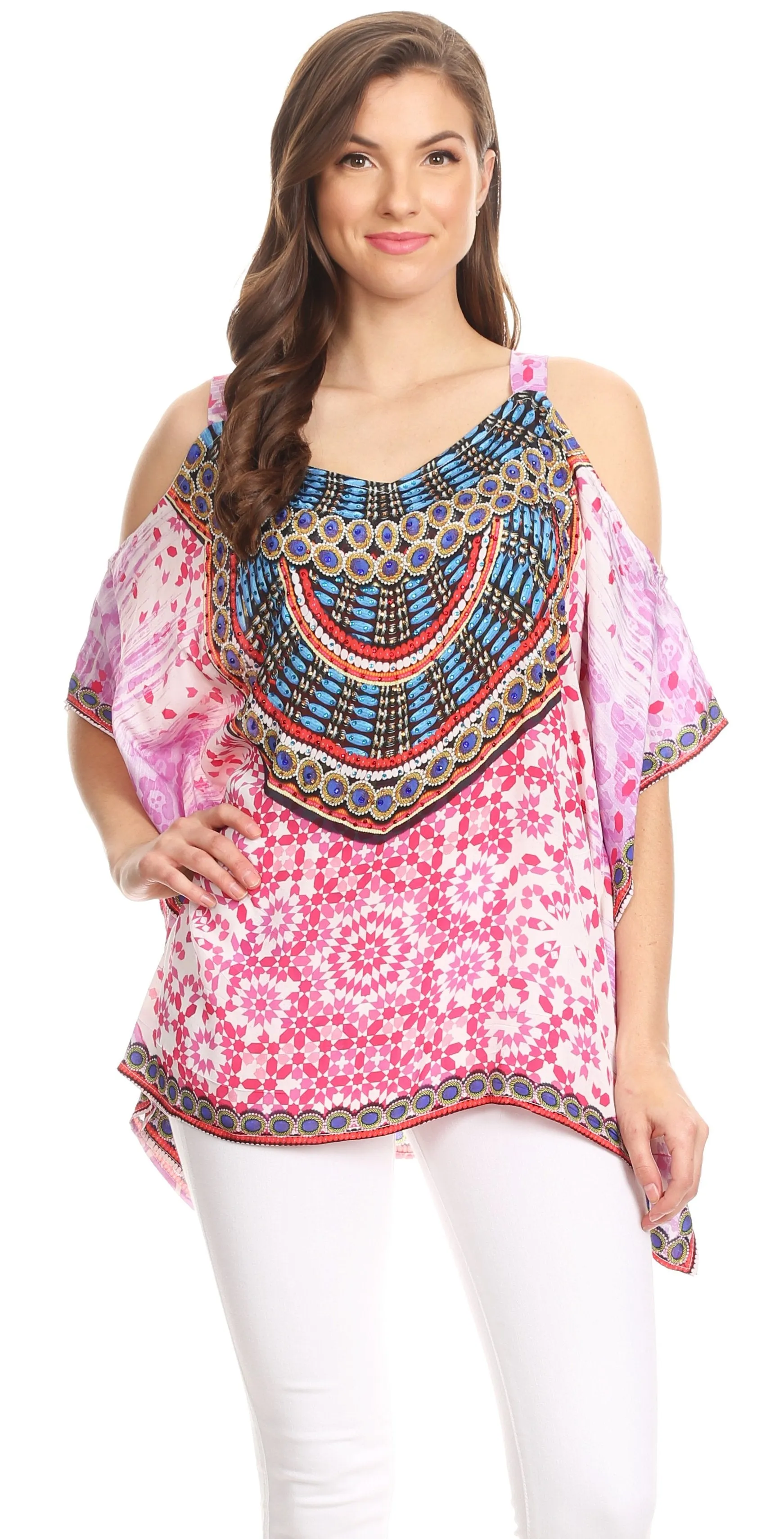 Sakkas Saanvi Printed Draped Short Sleeve Strap Cutout Shoulder V-Neck Kaftan Top