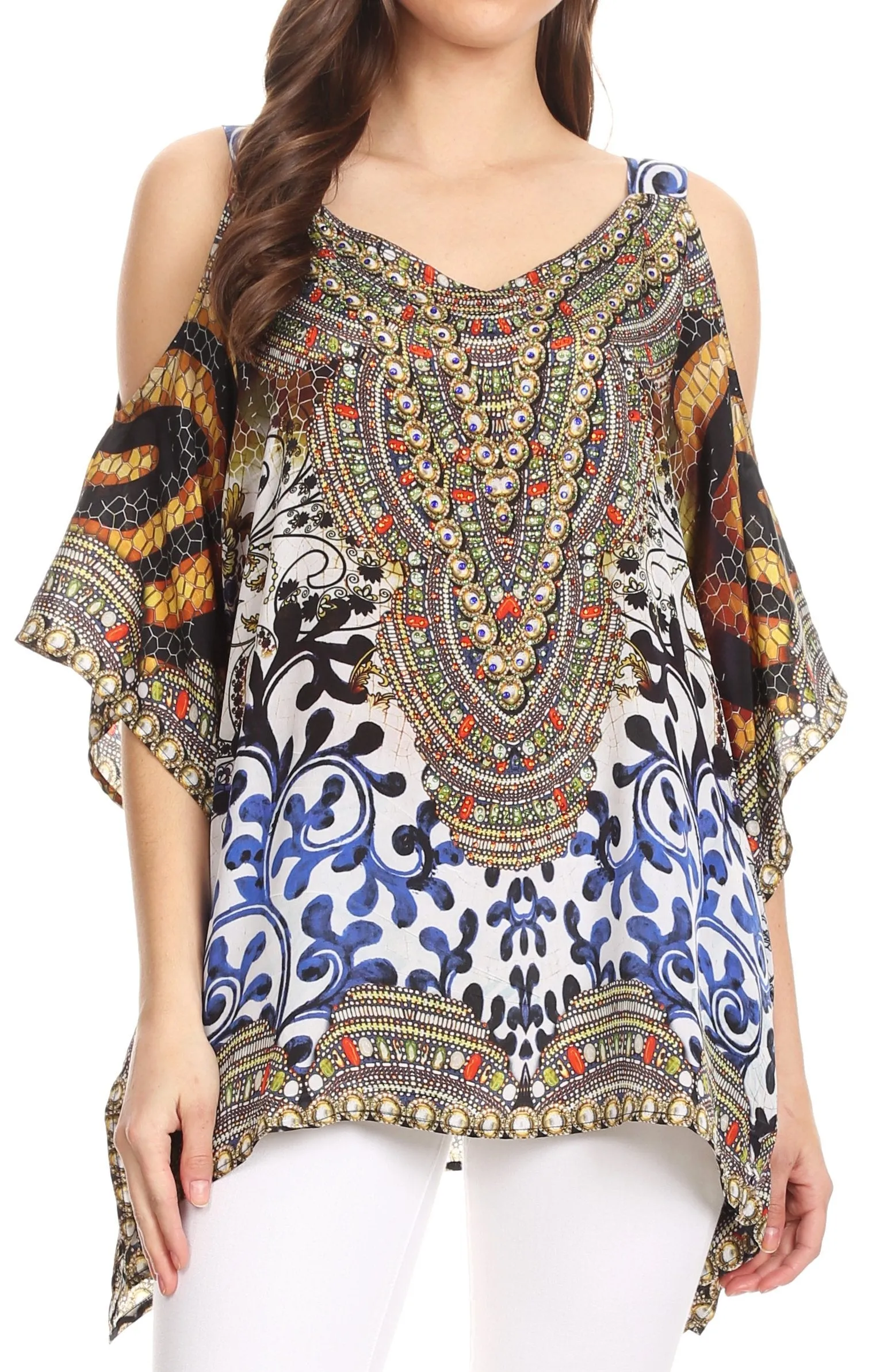 Sakkas Saanvi Printed Draped Short Sleeve Strap Cutout Shoulder V-Neck Kaftan Top