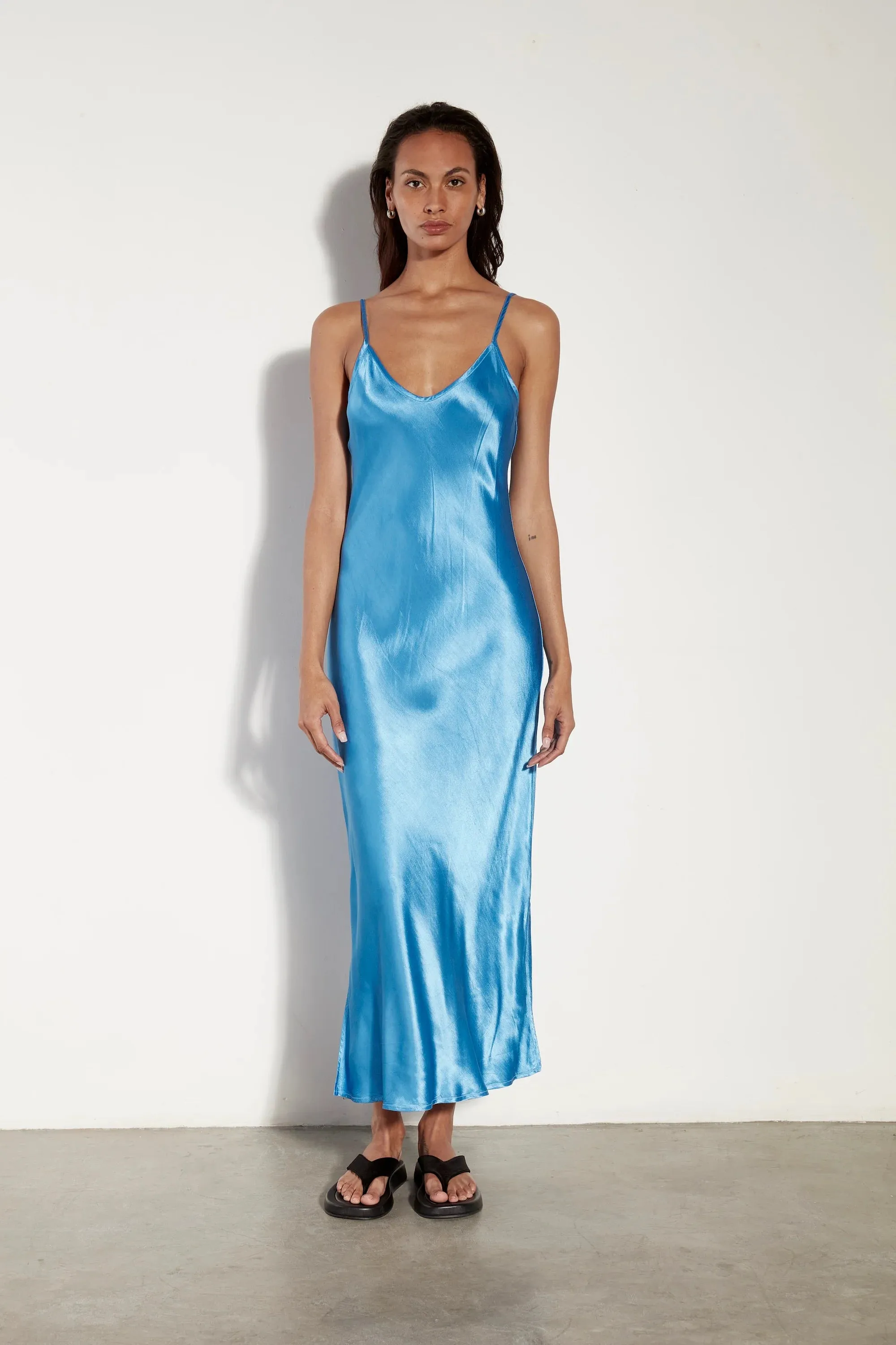 Satin Bias Cut Slip Dress in Pool