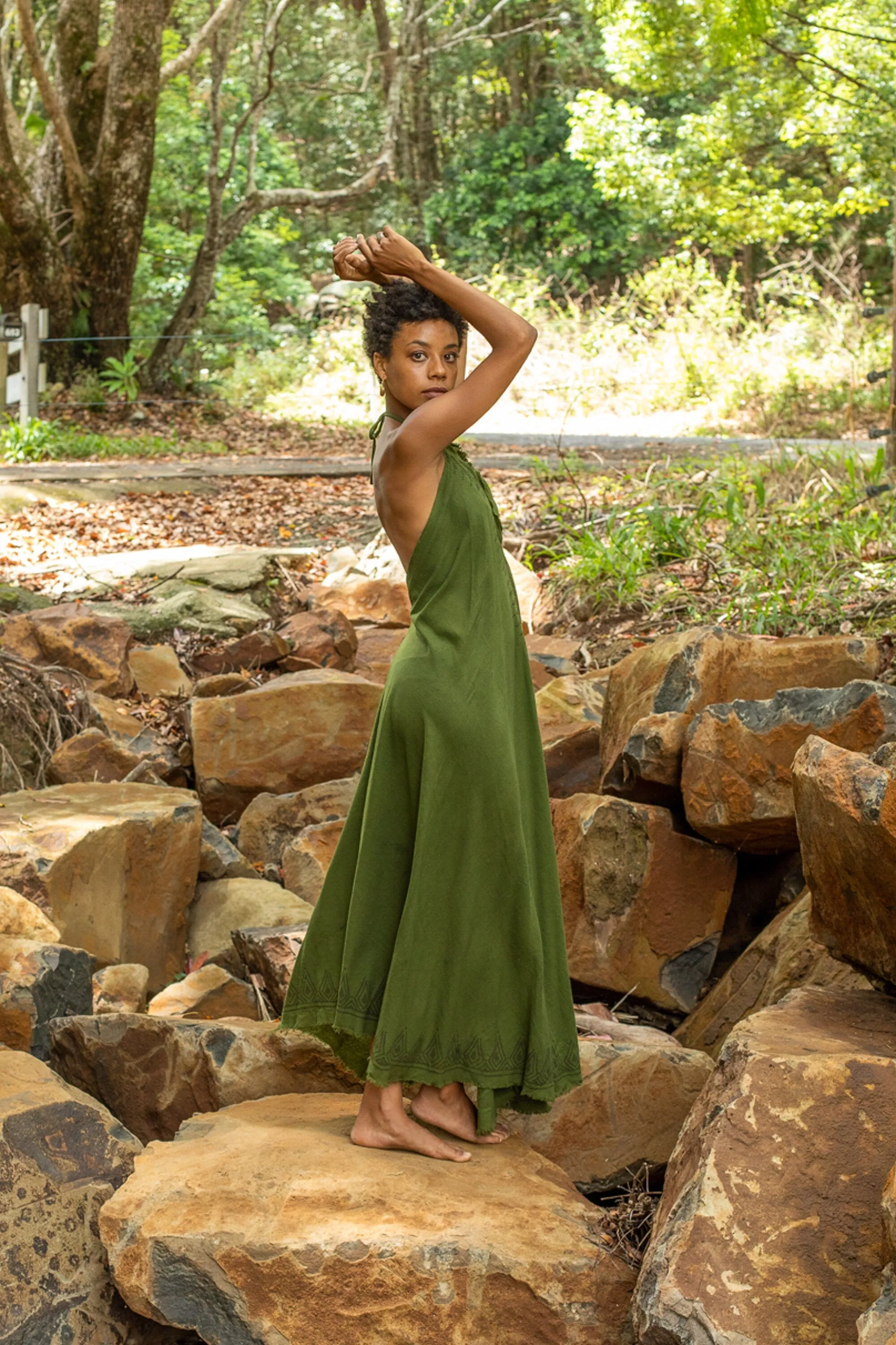 SELENA Long Dress Goddess Sage Green Maxi Open Back Cotton Festival Boho Naturally Dyed Block Printed Tribal Hippie Patterns Earthy AJJAYA