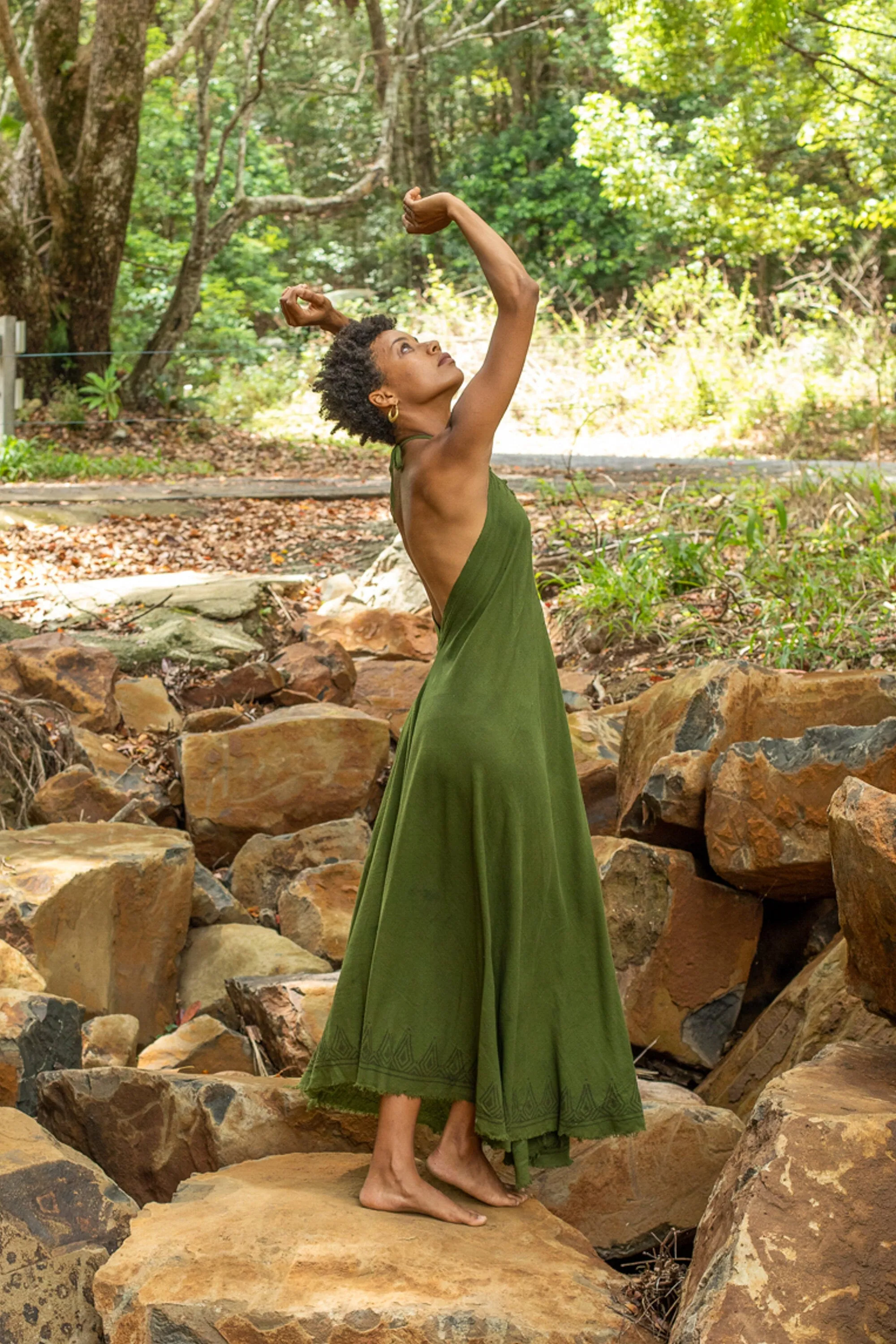 SELENA Long Dress Goddess Sage Green Maxi Open Back Cotton Festival Boho Naturally Dyed Block Printed Tribal Hippie Patterns Earthy AJJAYA