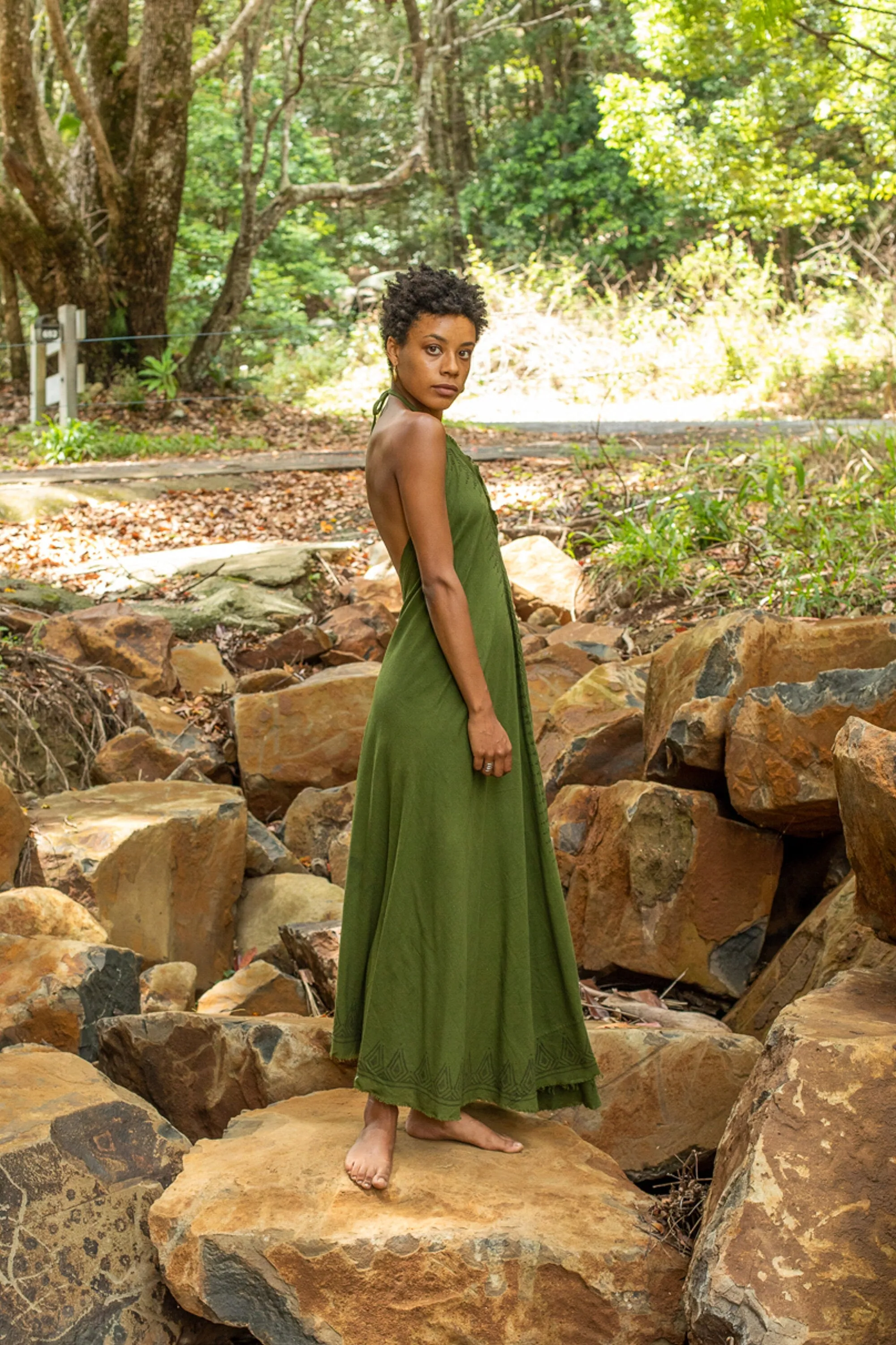 SELENA Long Dress Goddess Sage Green Maxi Open Back Cotton Festival Boho Naturally Dyed Block Printed Tribal Hippie Patterns Earthy AJJAYA