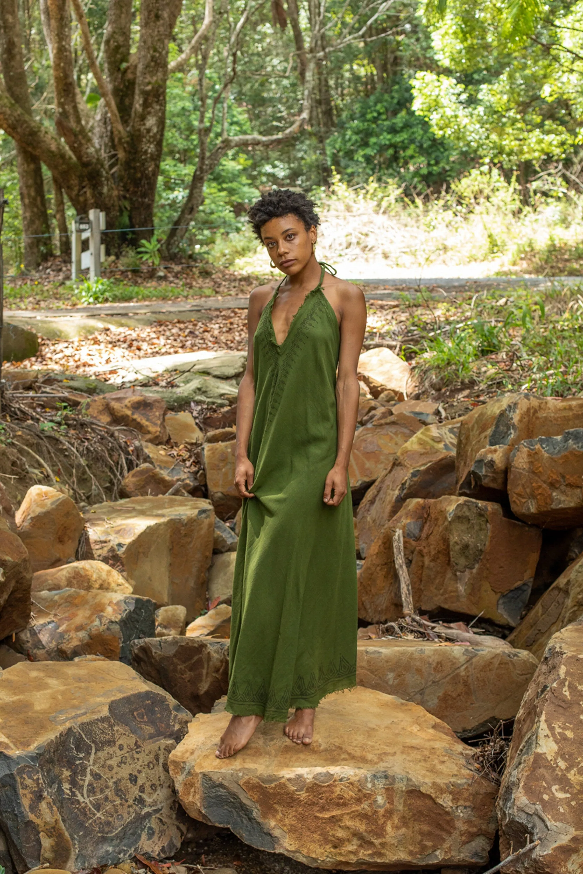 SELENA Long Dress Goddess Sage Green Maxi Open Back Cotton Festival Boho Naturally Dyed Block Printed Tribal Hippie Patterns Earthy AJJAYA