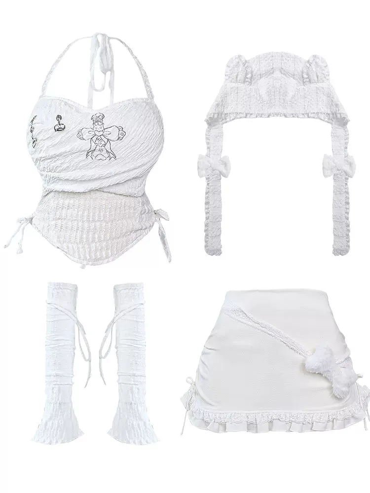 Serendipity Bony Bandage White Cami & Arm Warmers & Hat & Skirt Four Piece Set