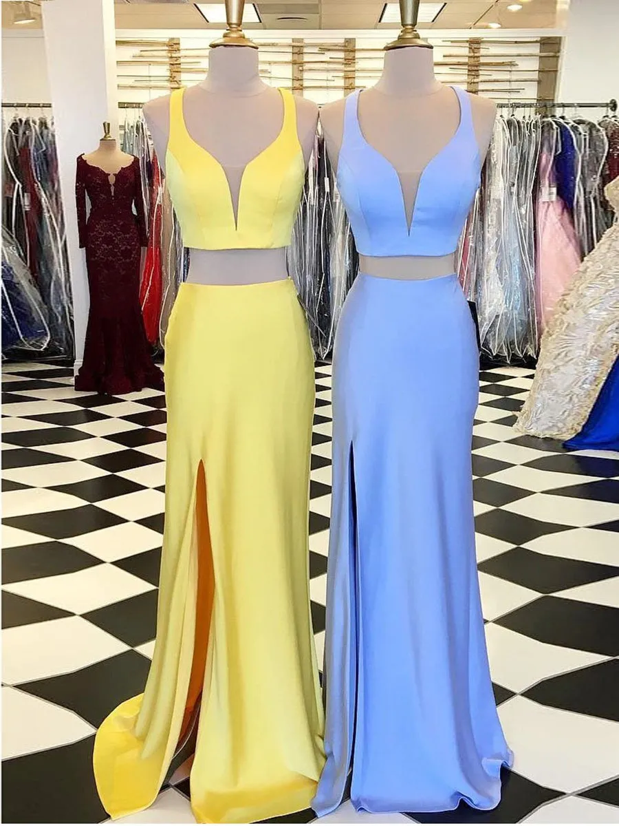 Simple Blue/Yellow Mermaid Two Pieces Satin Long Prom with Leg Slit, Two Pieces Blue/Yellow Formal, Evening