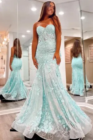 Strapless Mermaid Green Lace Long Prom Dress, Green Lace Formal Dress, Mermaid Green Evening Dress A1775