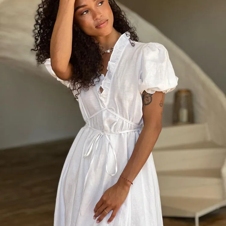 Summer Short Sleeve French Style White V-Neck Casual Maxi Dress