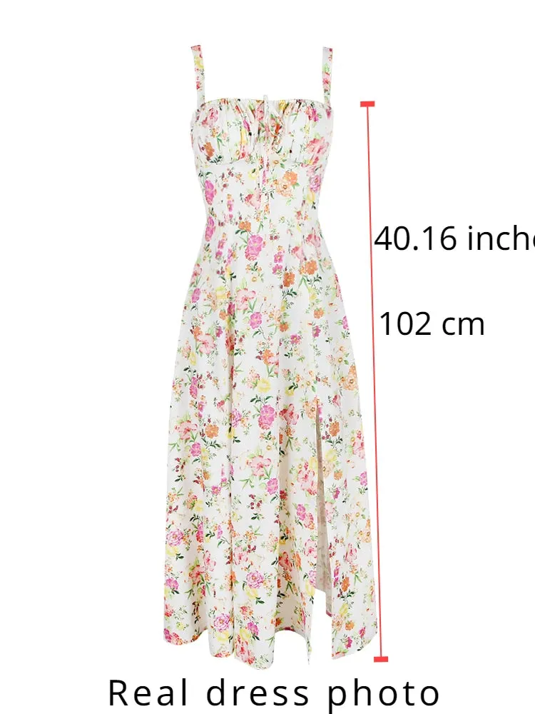 Suninheart 2024 Casual Spaghetti Strap Summer Dress Elegant Midi Floral Print Fit and Flare Dress Sexy Birthday Party Dresses