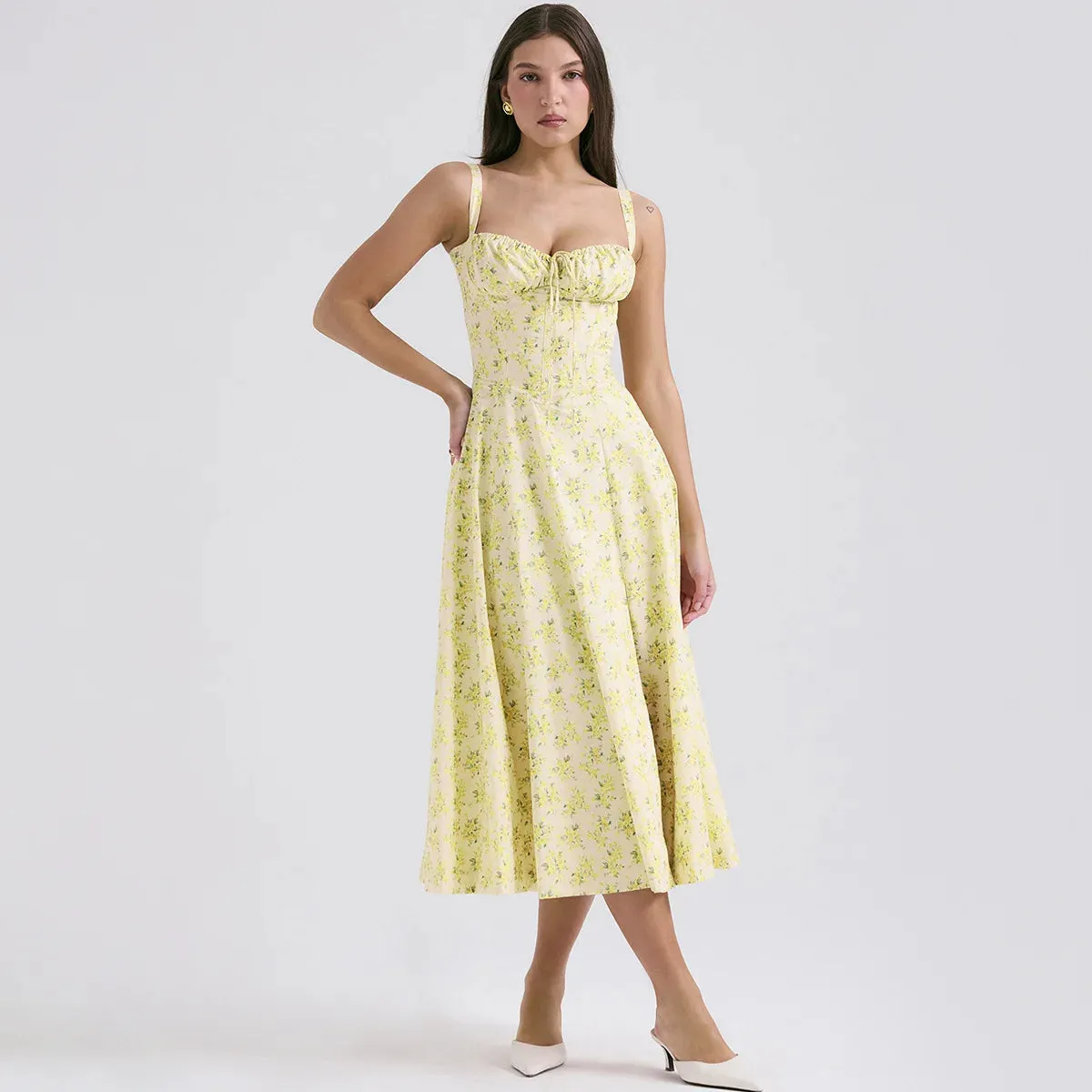 Suninheart Spaghetti Strap Summer Dress 2024 Elegant Midi Yellow Floral Print Dress Slit Sexy Birthday Party Dresses Women