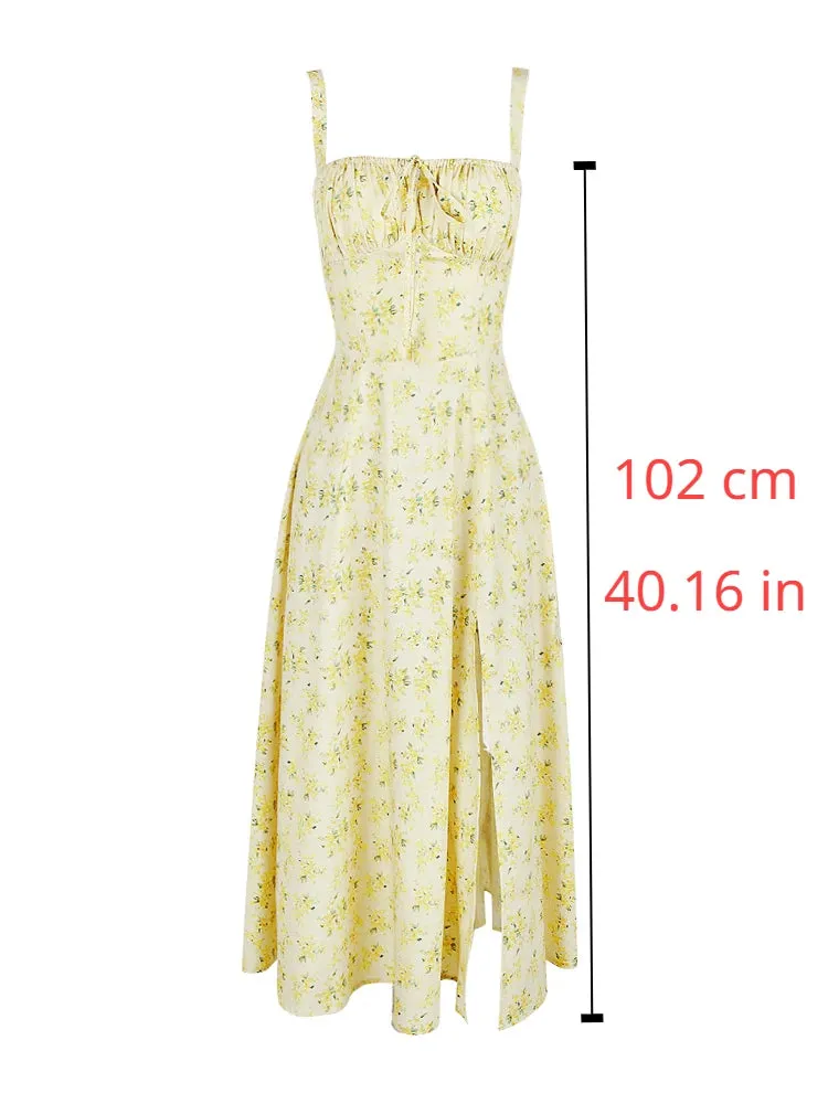 Suninheart Spaghetti Strap Summer Dress 2024 Elegant Midi Yellow Floral Print Dress Slit Sexy Birthday Party Dresses Women