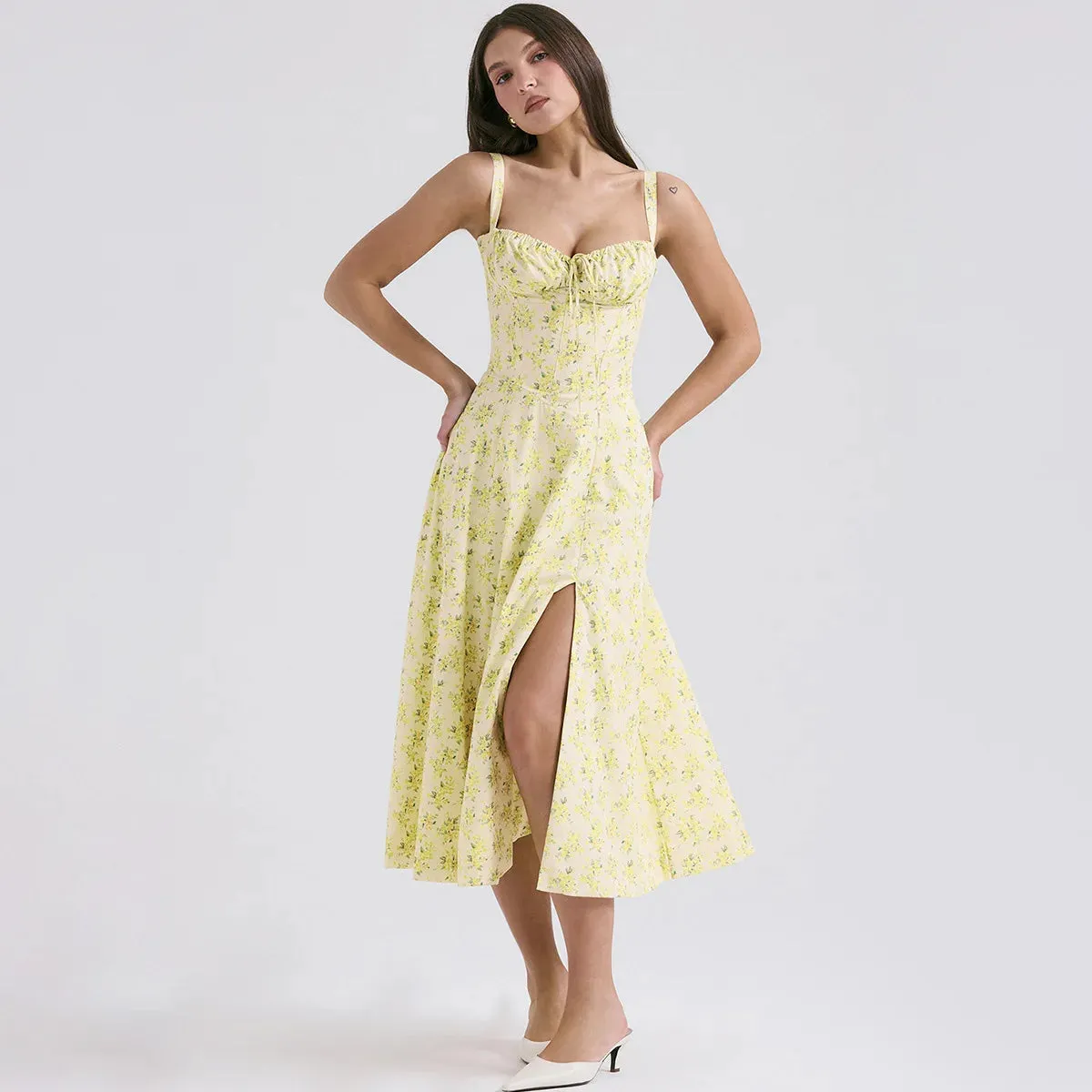 Suninheart Spaghetti Strap Summer Dress 2024 Elegant Midi Yellow Floral Print Dress Slit Sexy Birthday Party Dresses Women