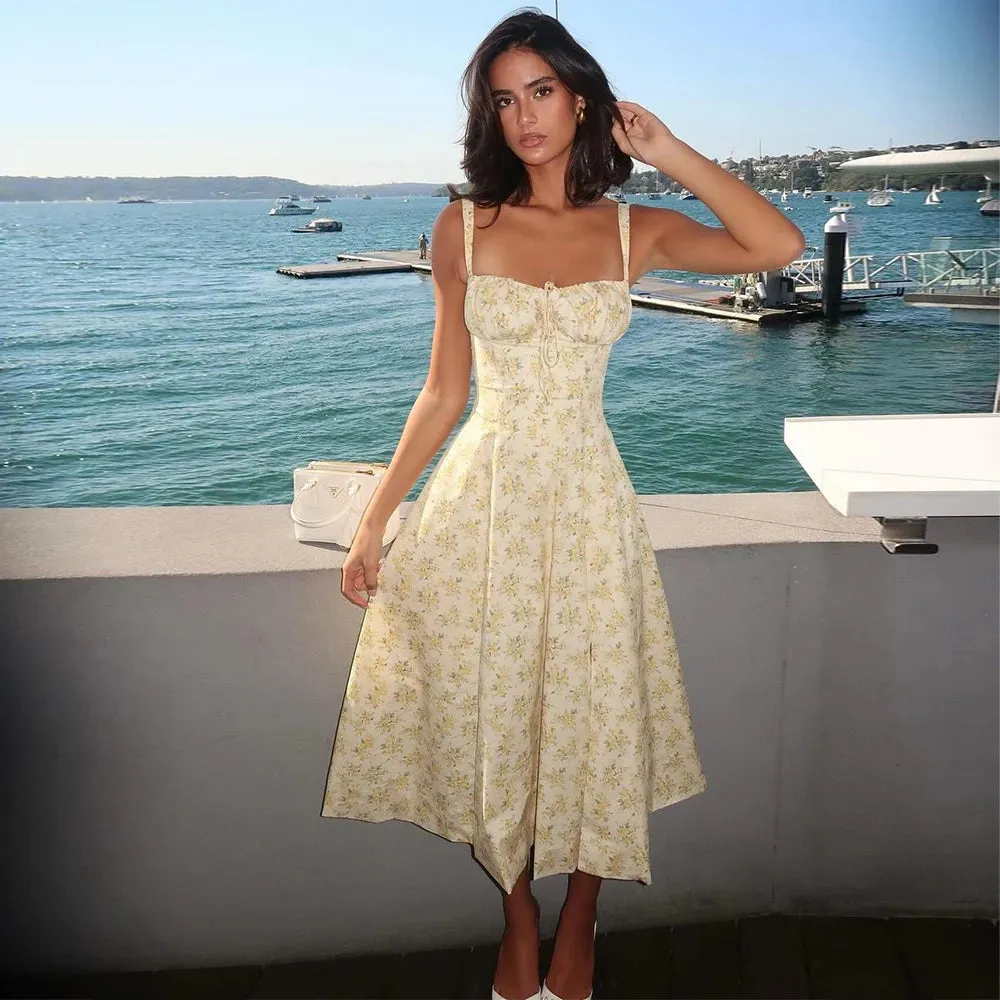 Suninheart Spaghetti Strap Summer Dress 2024 Elegant Midi Yellow Floral Print Dress Slit Sexy Birthday Party Dresses Women