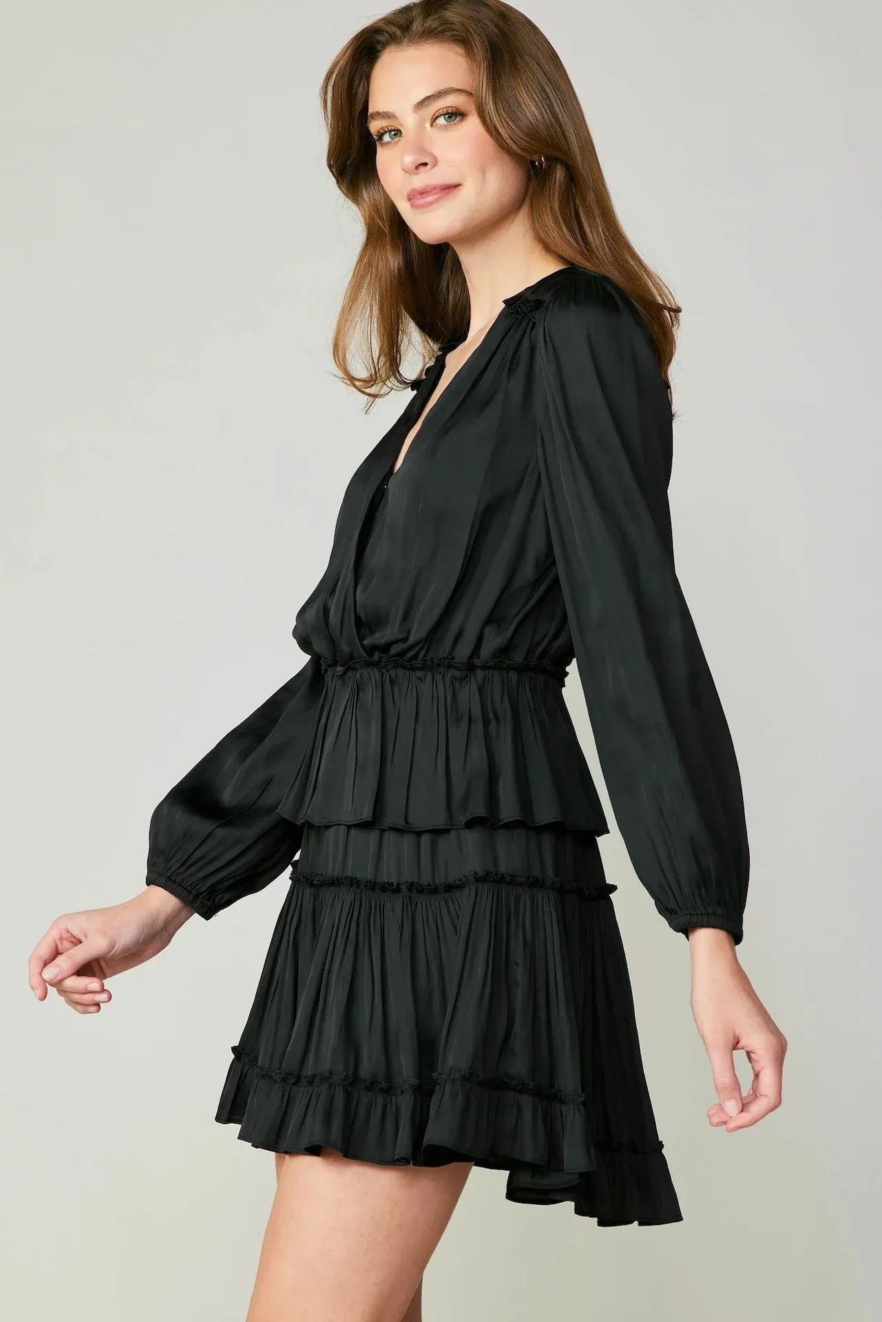 Surplice Tiered Mini Dress - Black