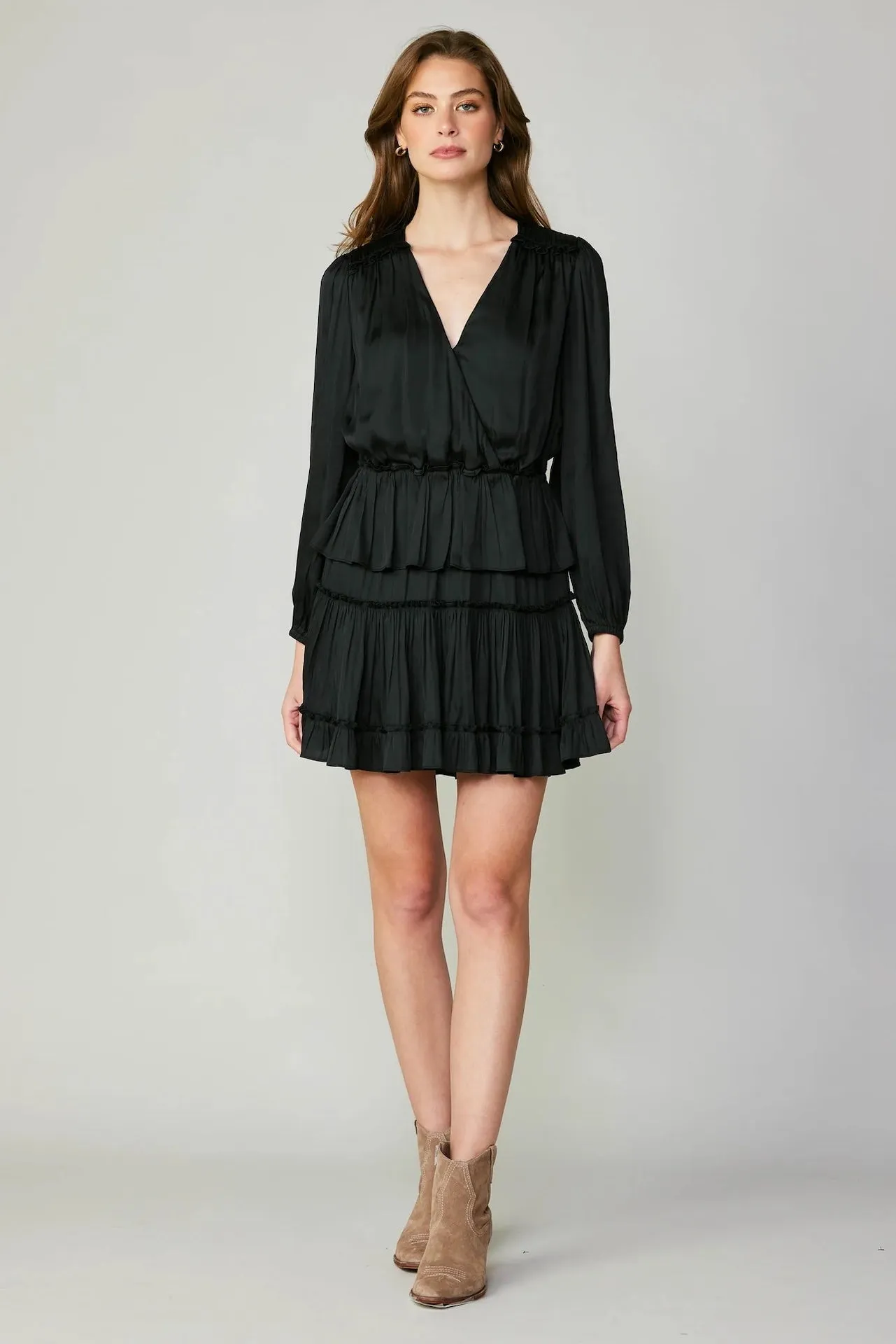 Surplice Tiered Mini Dress - Black