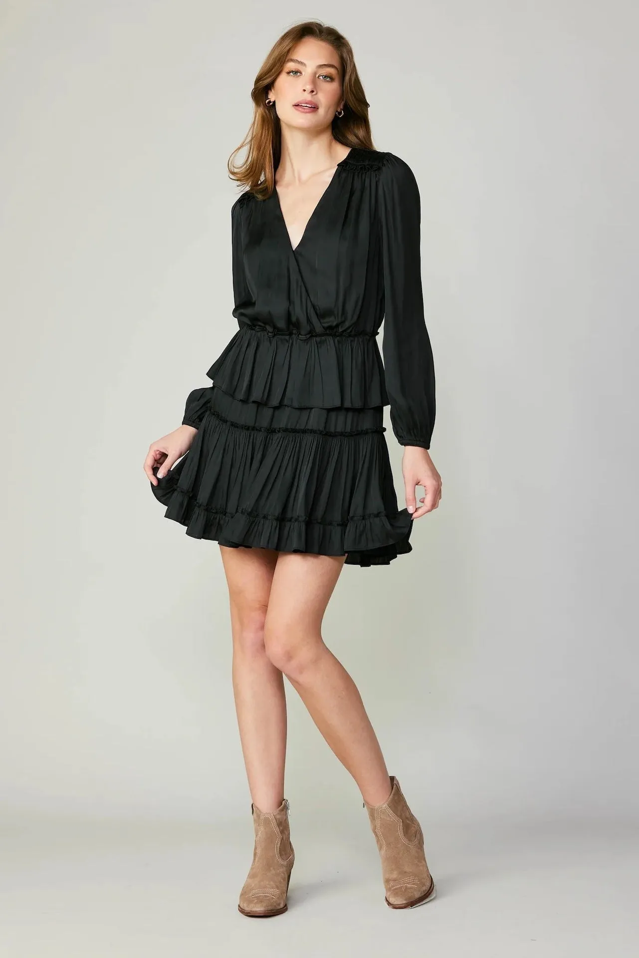 Surplice Tiered Mini Dress - Black