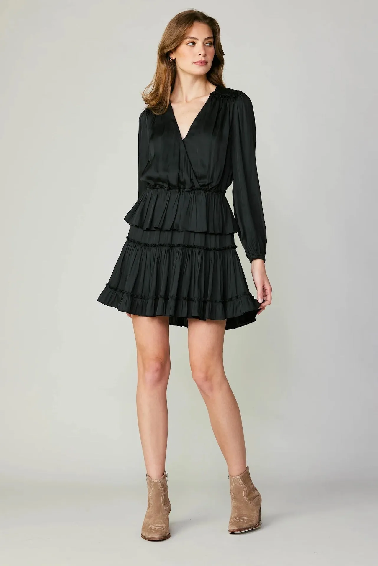 Surplice Tiered Mini Dress - Black