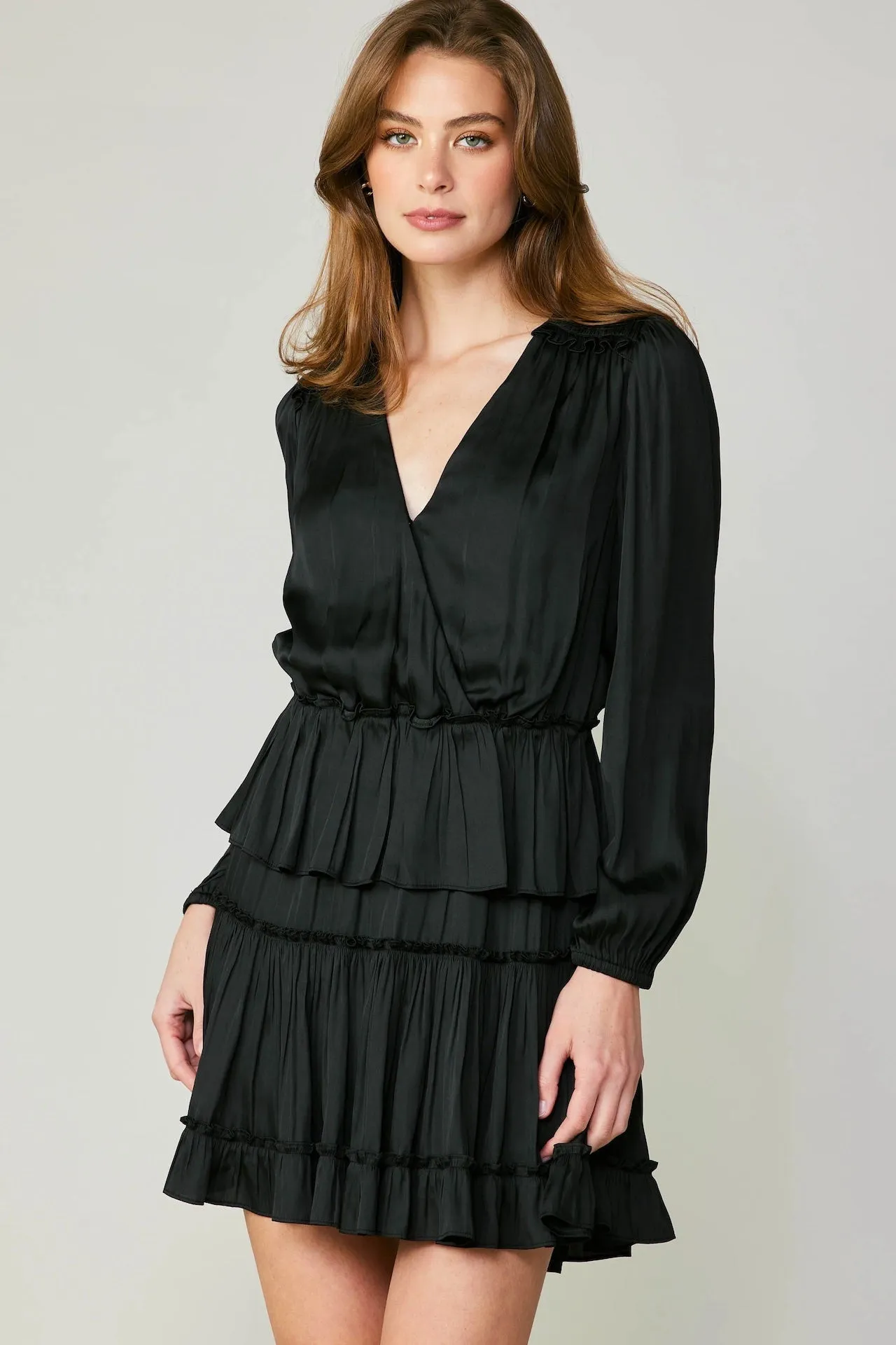 Surplice Tiered Mini Dress - Black